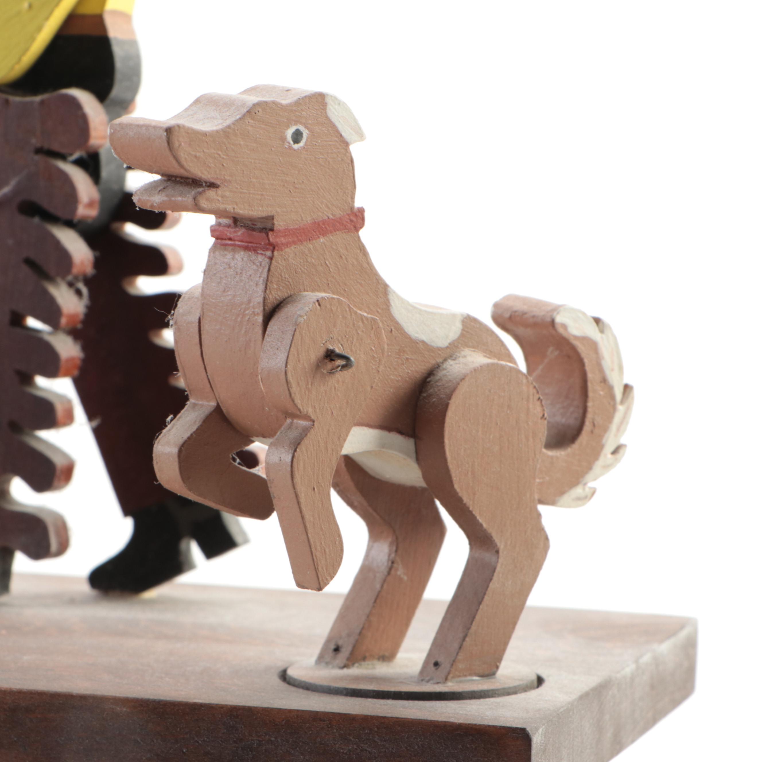 Polychrome Wood Cowboy Horse Taming Mechanical Diorama