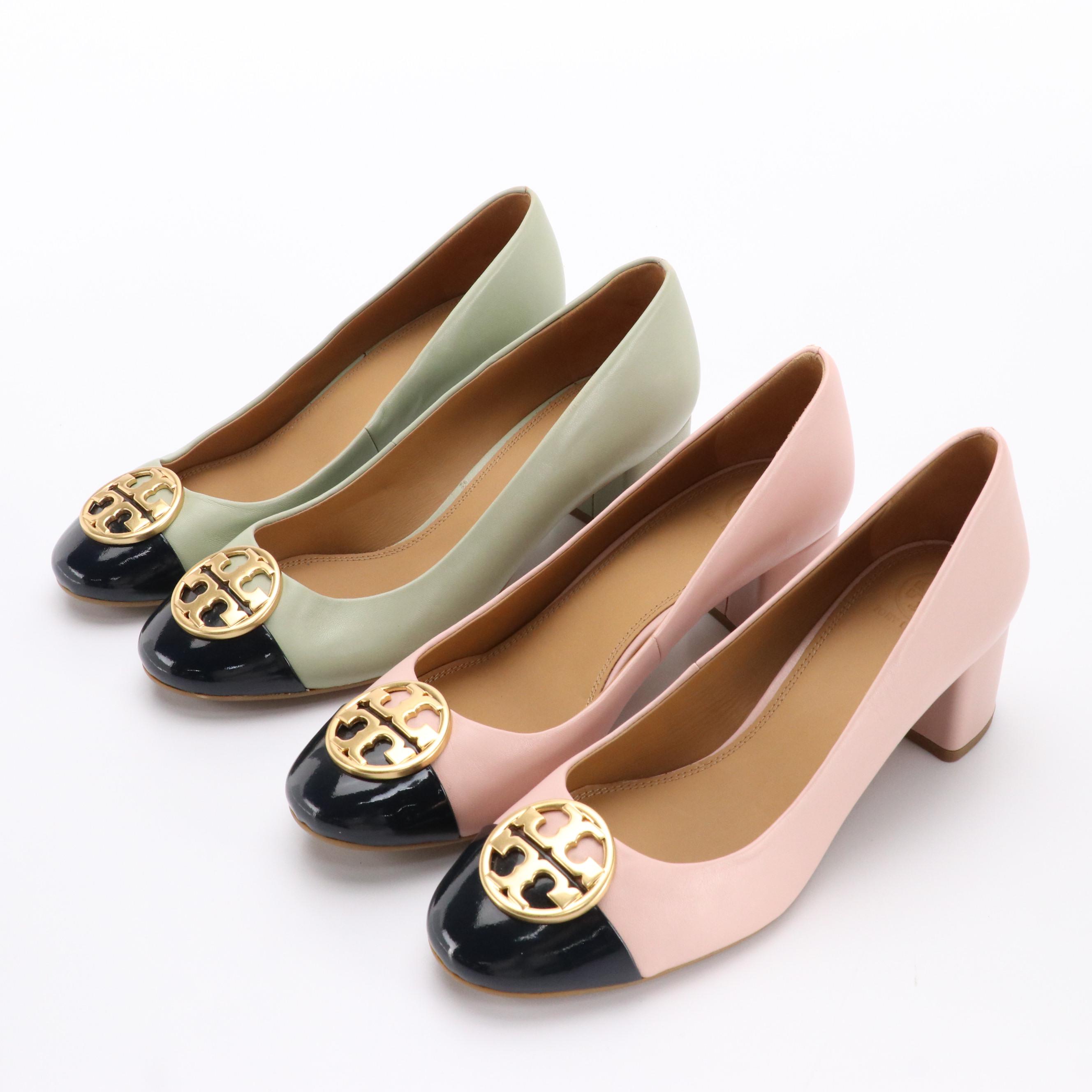 Tory Burch Cap-Toe Chelsea Pumps in Pink and Green Leather