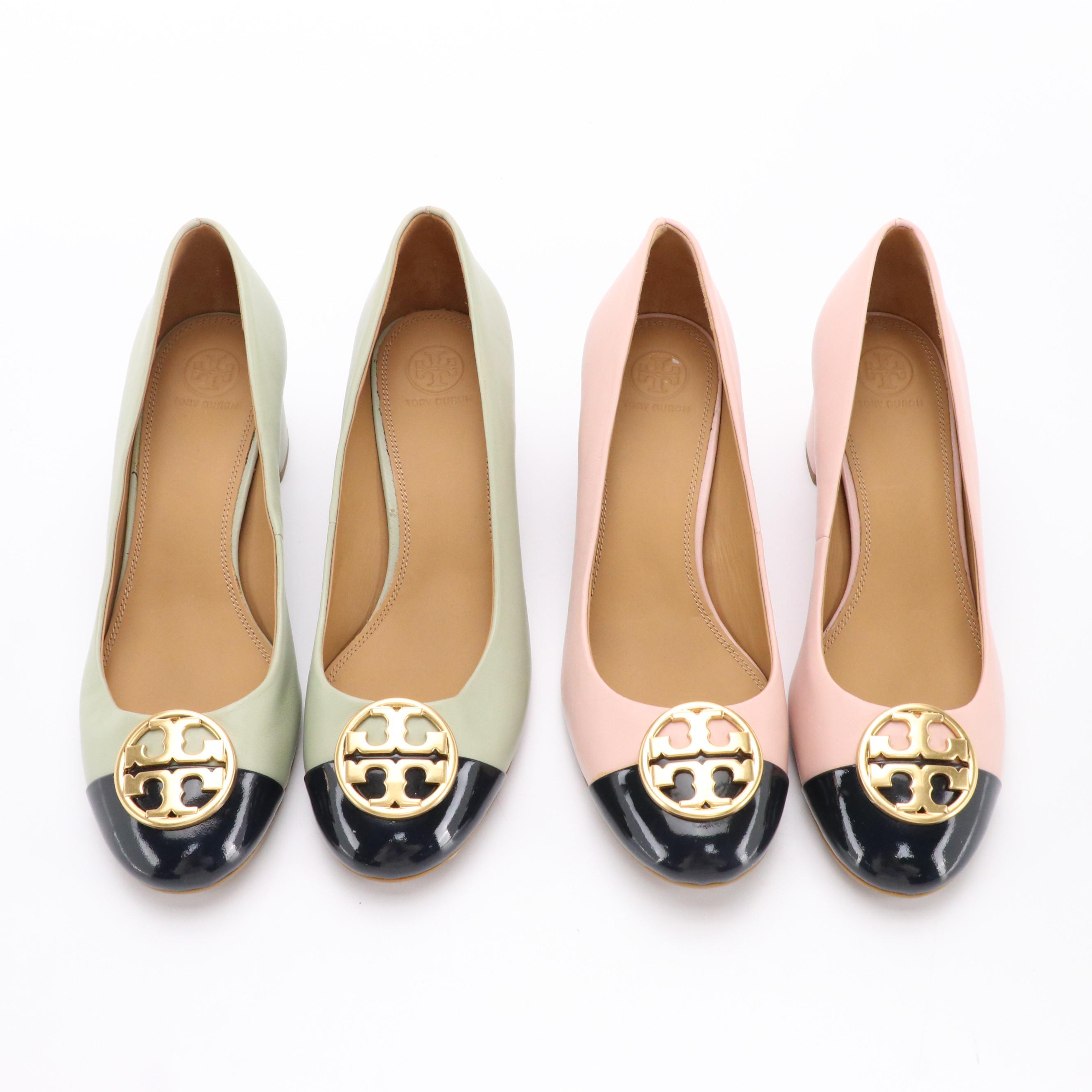 Tory Burch Cap-Toe Chelsea Pumps in Pink and Green Leather