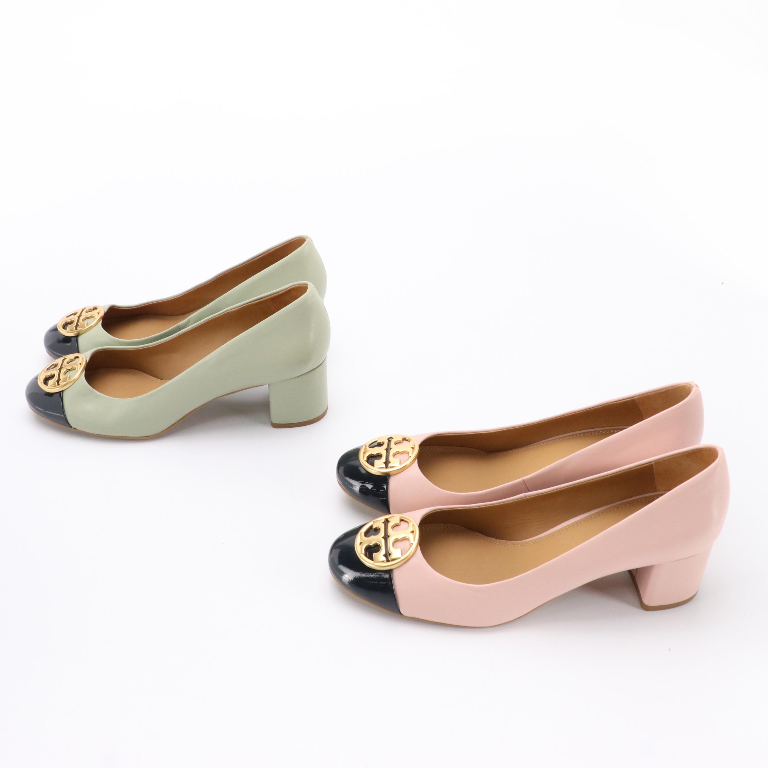 Tory Burch Cap-Toe Chelsea Pumps in Pink and Green Leather