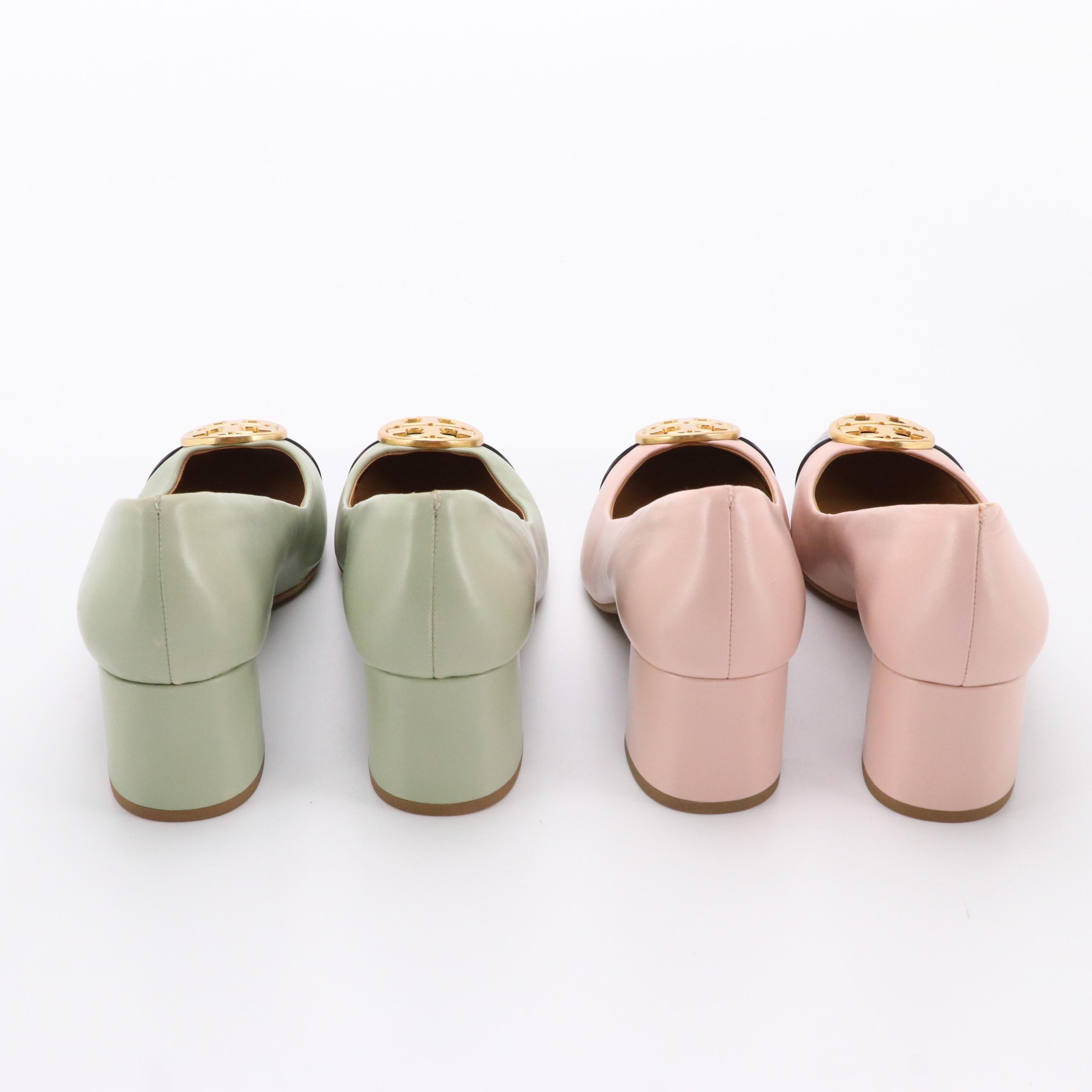 Tory Burch Cap-Toe Chelsea Pumps in Pink and Green Leather