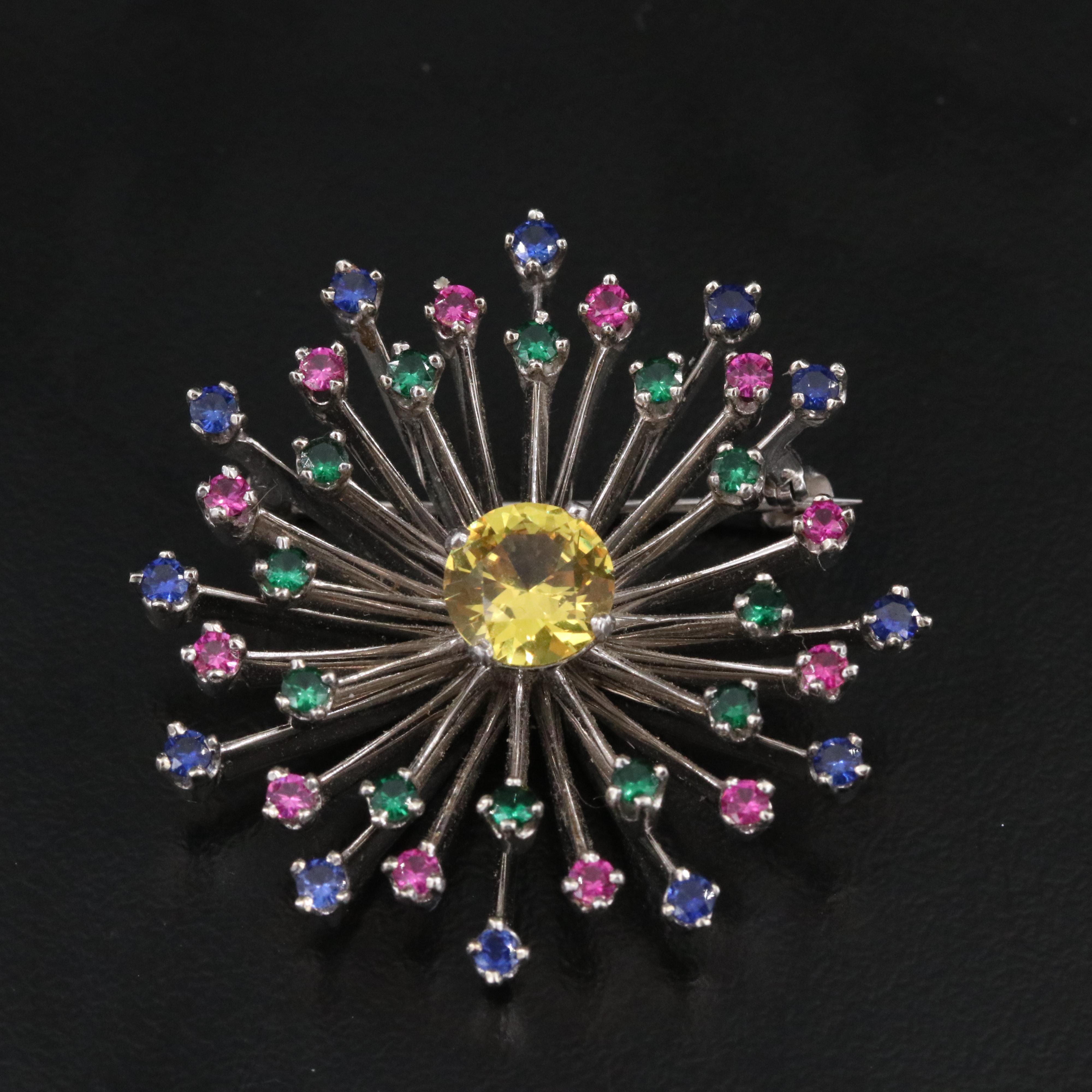 14K Sapphire and Spinel Sunburst Converter Brooch