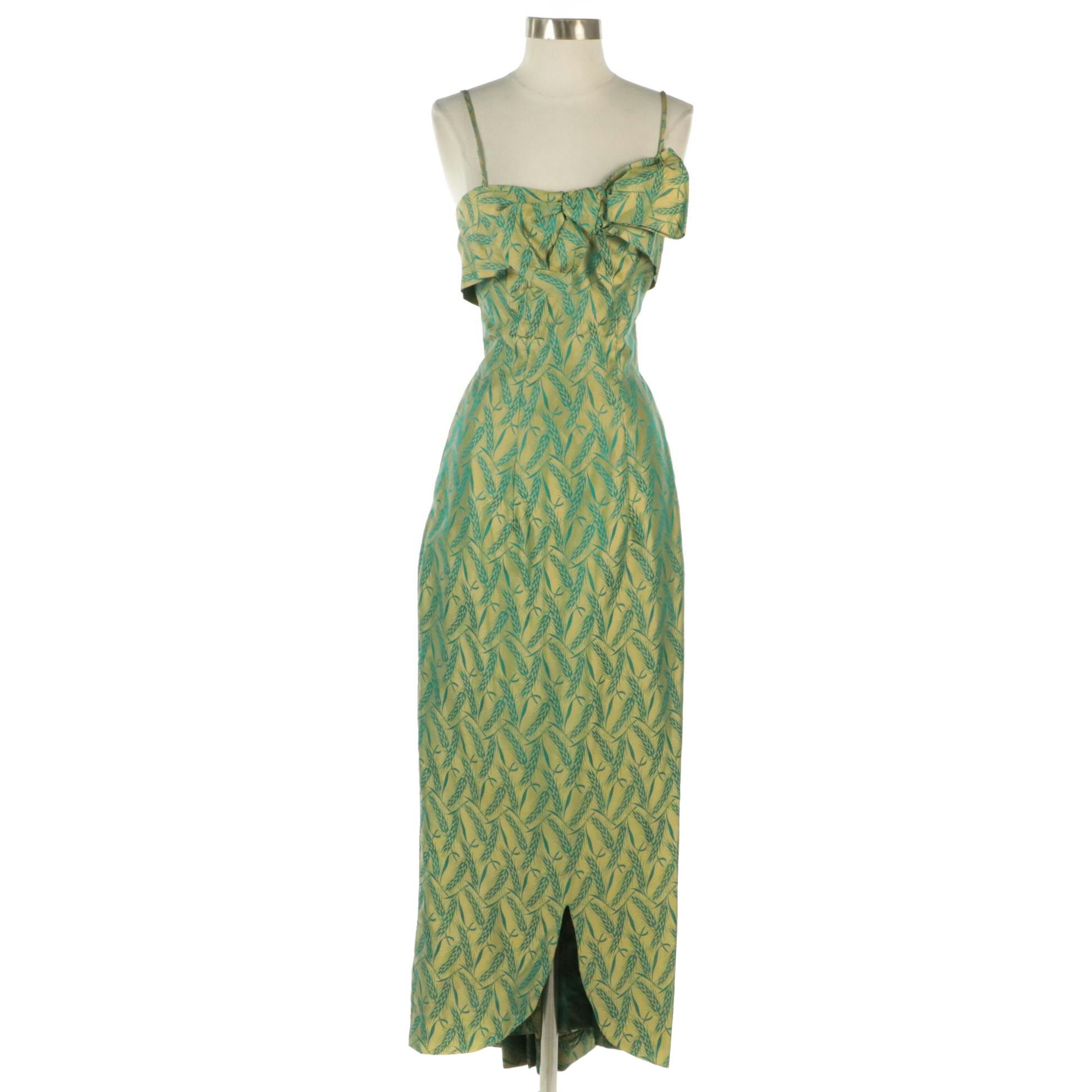 1950s Wheat Brocade Sleeveless Gown with Bow and Ruffle Detail