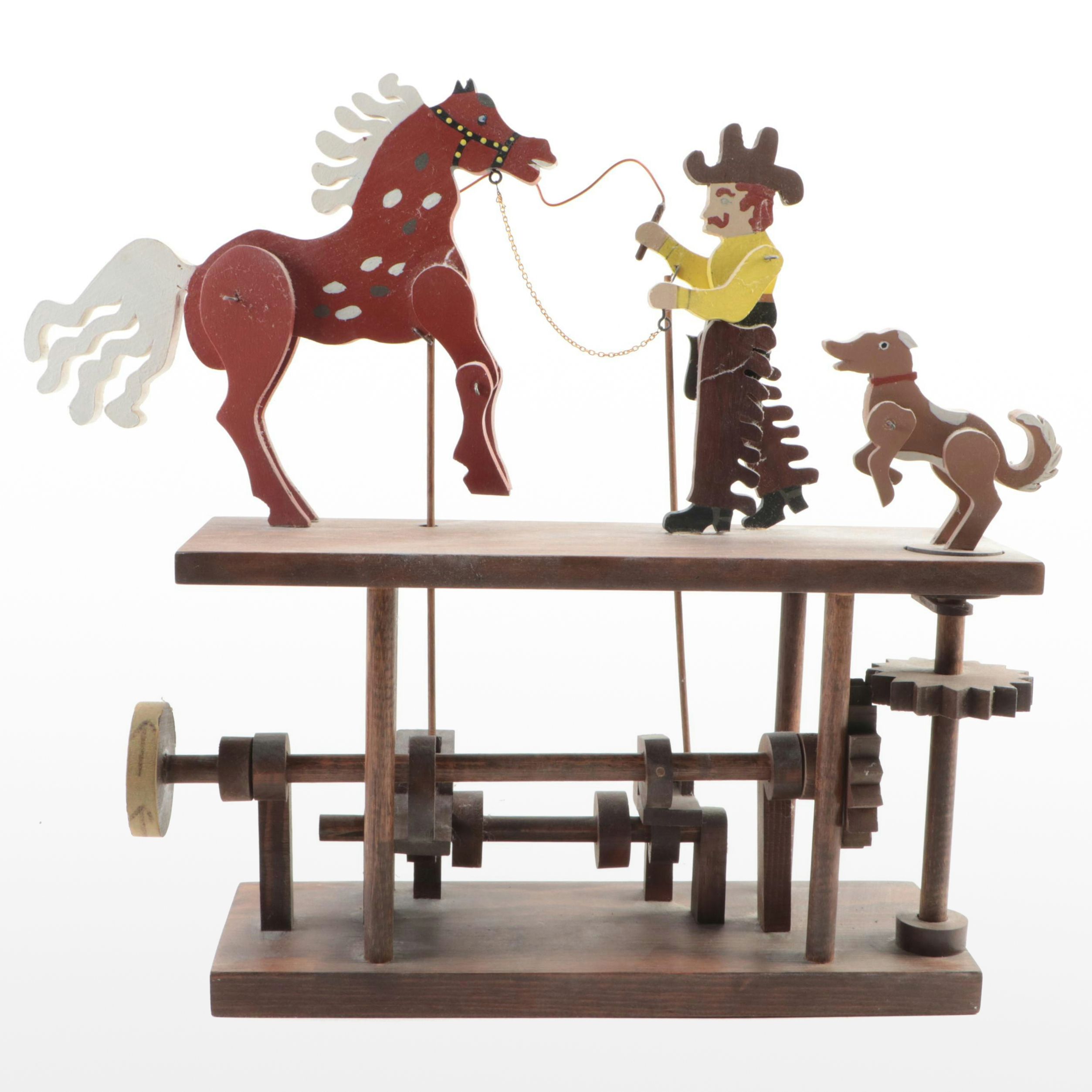 Polychrome Wood Cowboy Horse Taming Mechanical Diorama