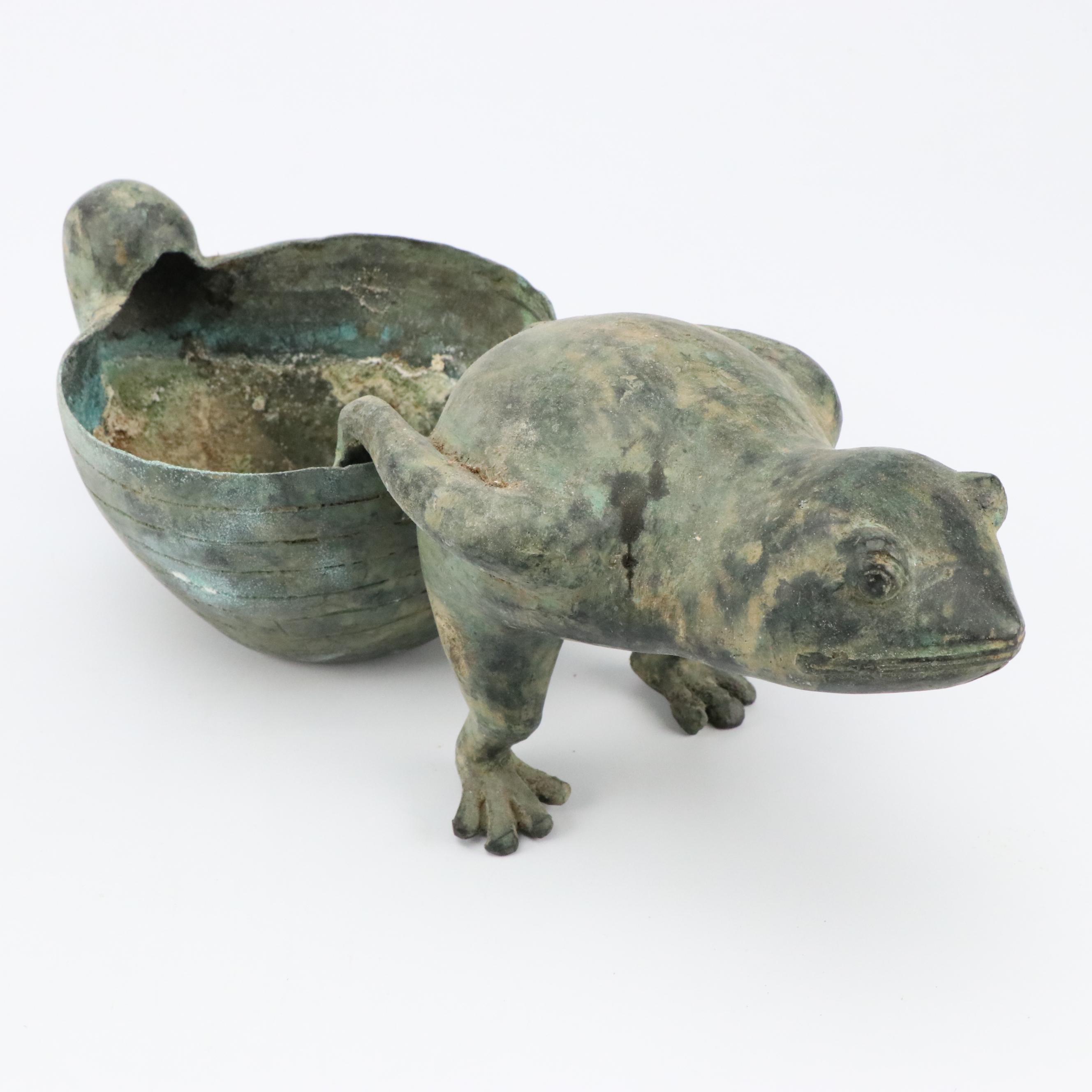 Patinated Metal Frog Candelabra and Bowl