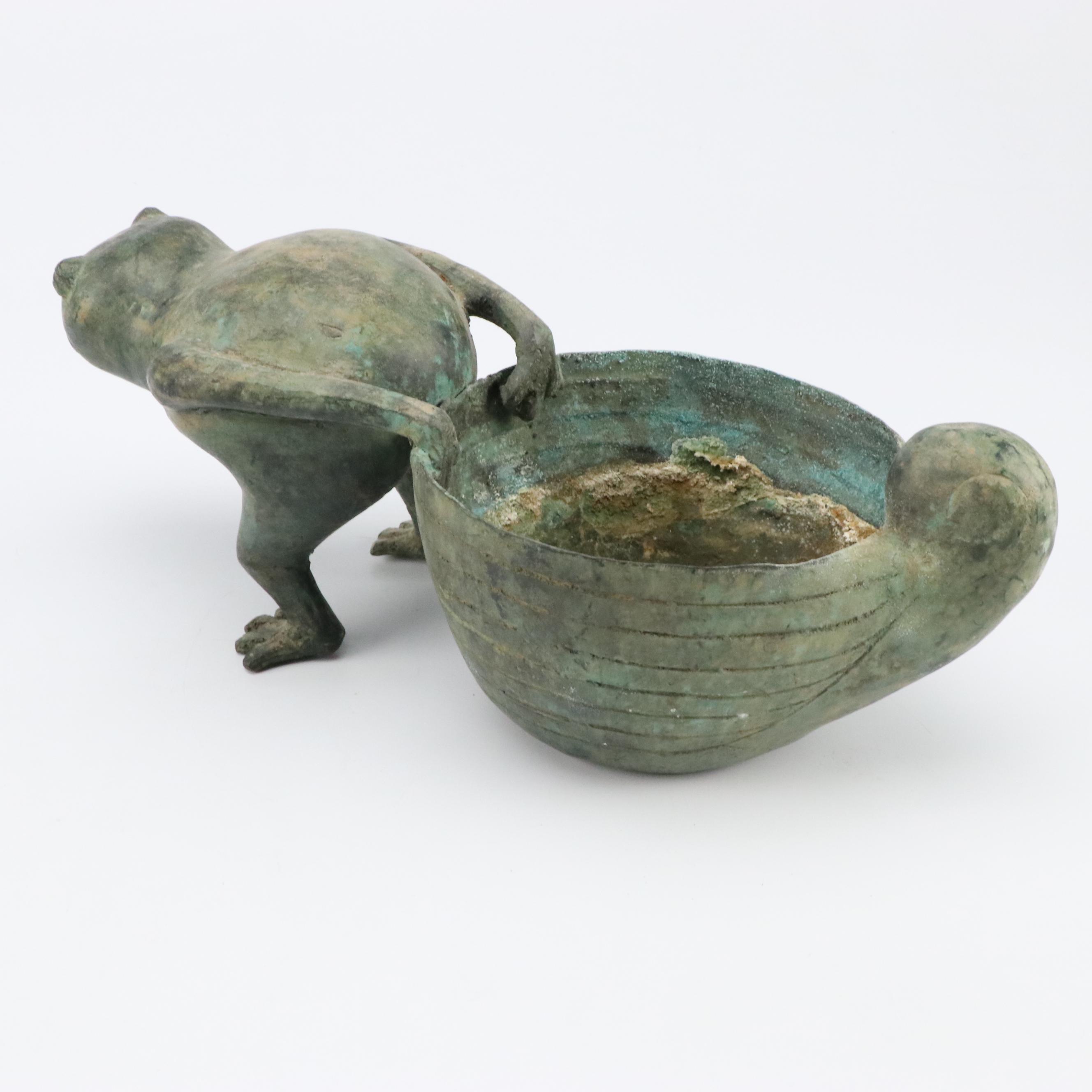 Patinated Metal Frog Candelabra and Bowl