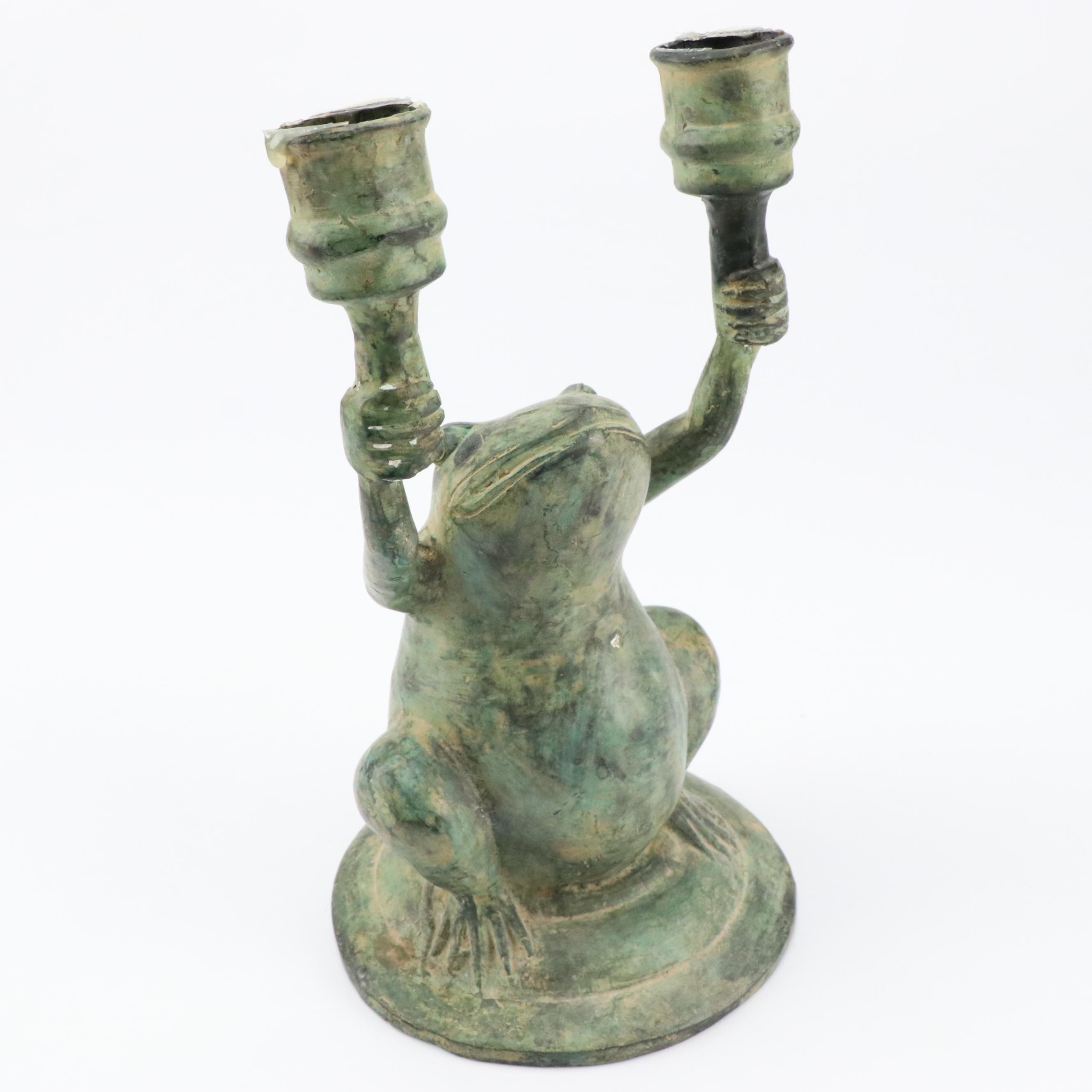 Patinated Metal Frog Candelabra and Bowl