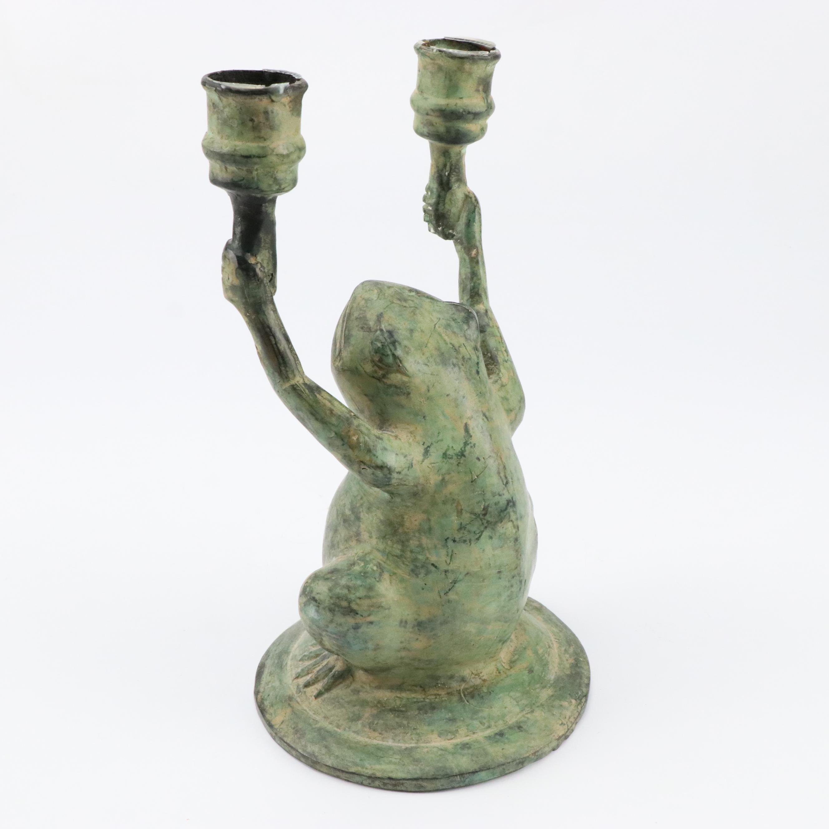 Patinated Metal Frog Candelabra and Bowl