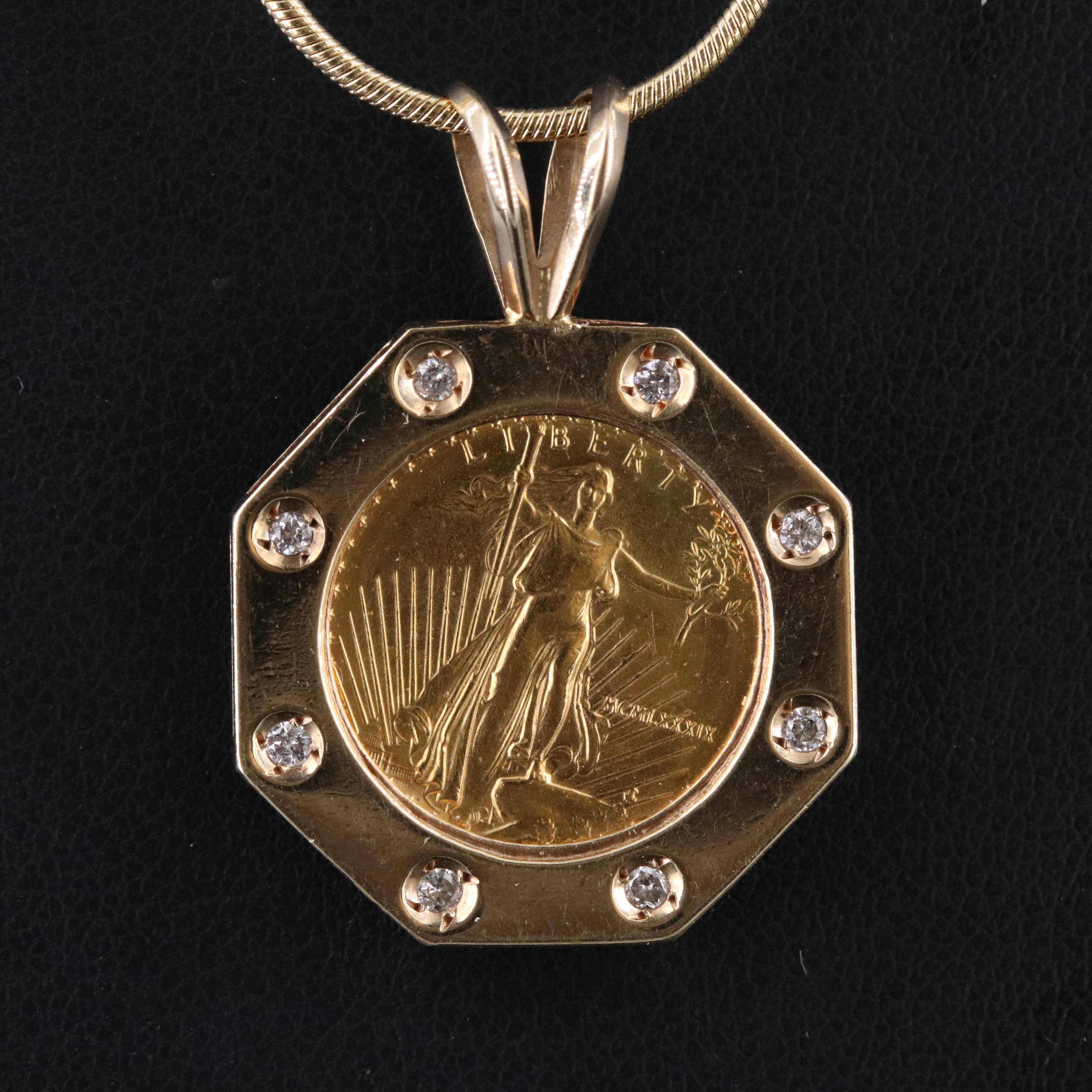 14K 0.12 CTW Diamond Frame Necklace with 1989 $5 Gold Eagle Bullion Coin