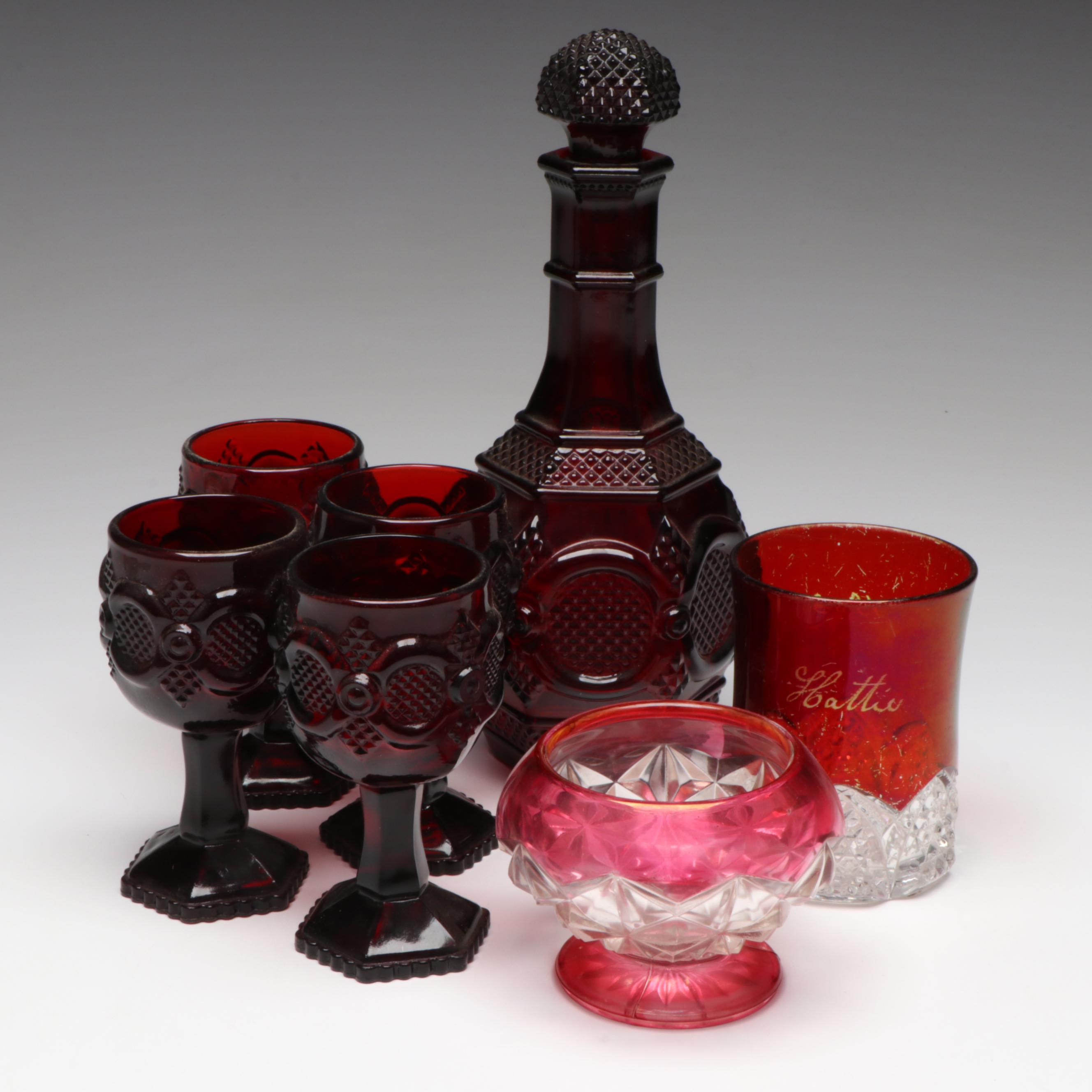 Avon "Cape Cod" Decanter Set with Victorian Ruby Flashed Tableware, 20th Century