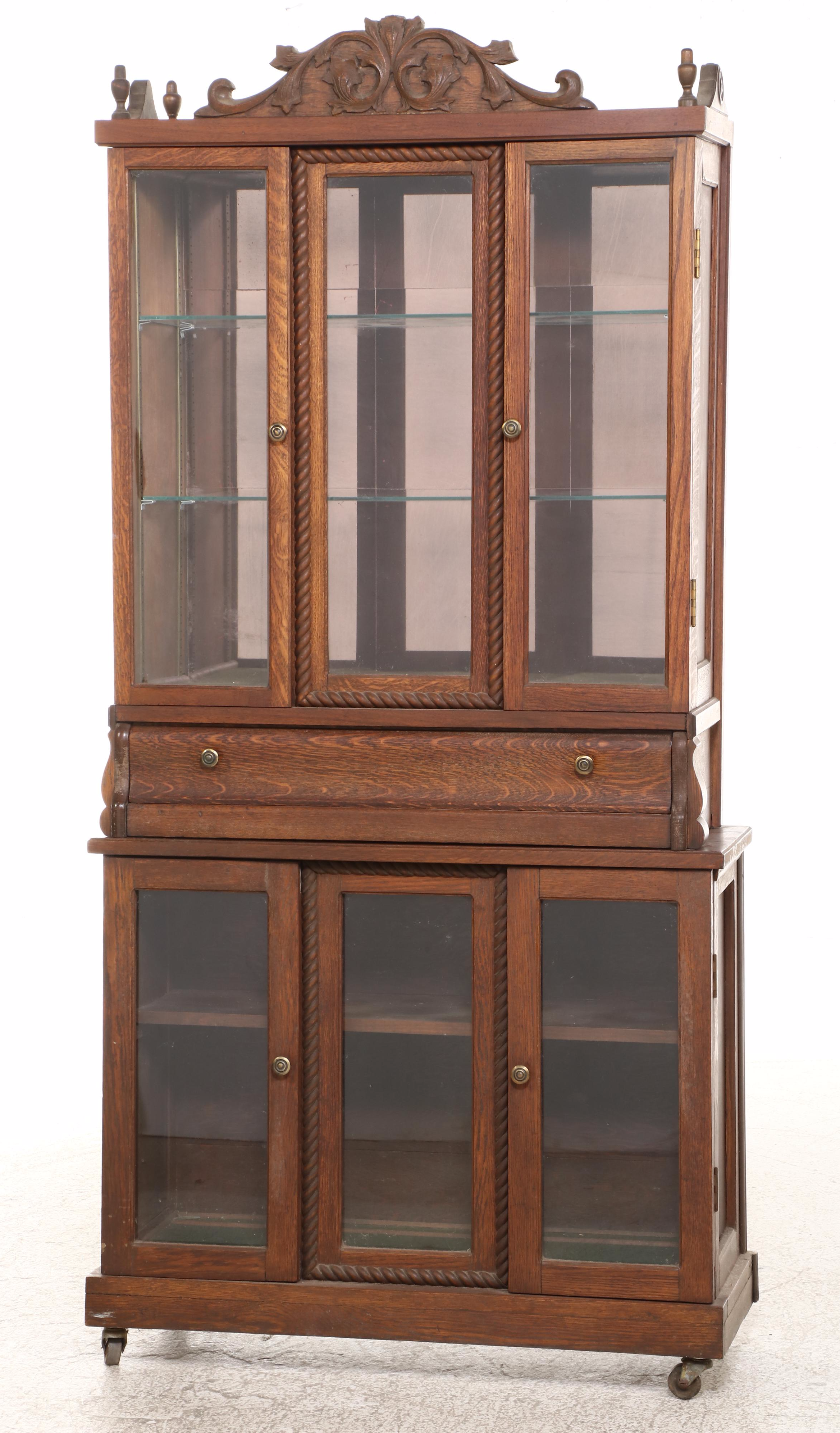 Victorian Oak and Glass Two-Piece China Cabinet, Late 19th/Early 20th Century