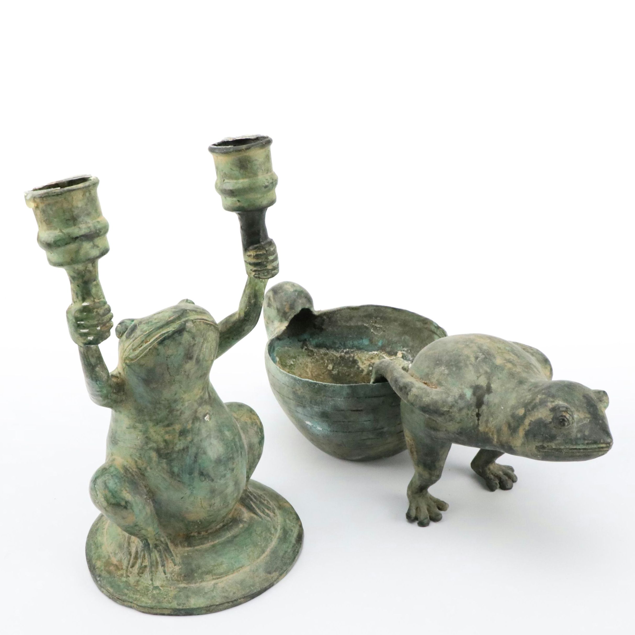 Patinated Metal Frog Candelabra and Bowl