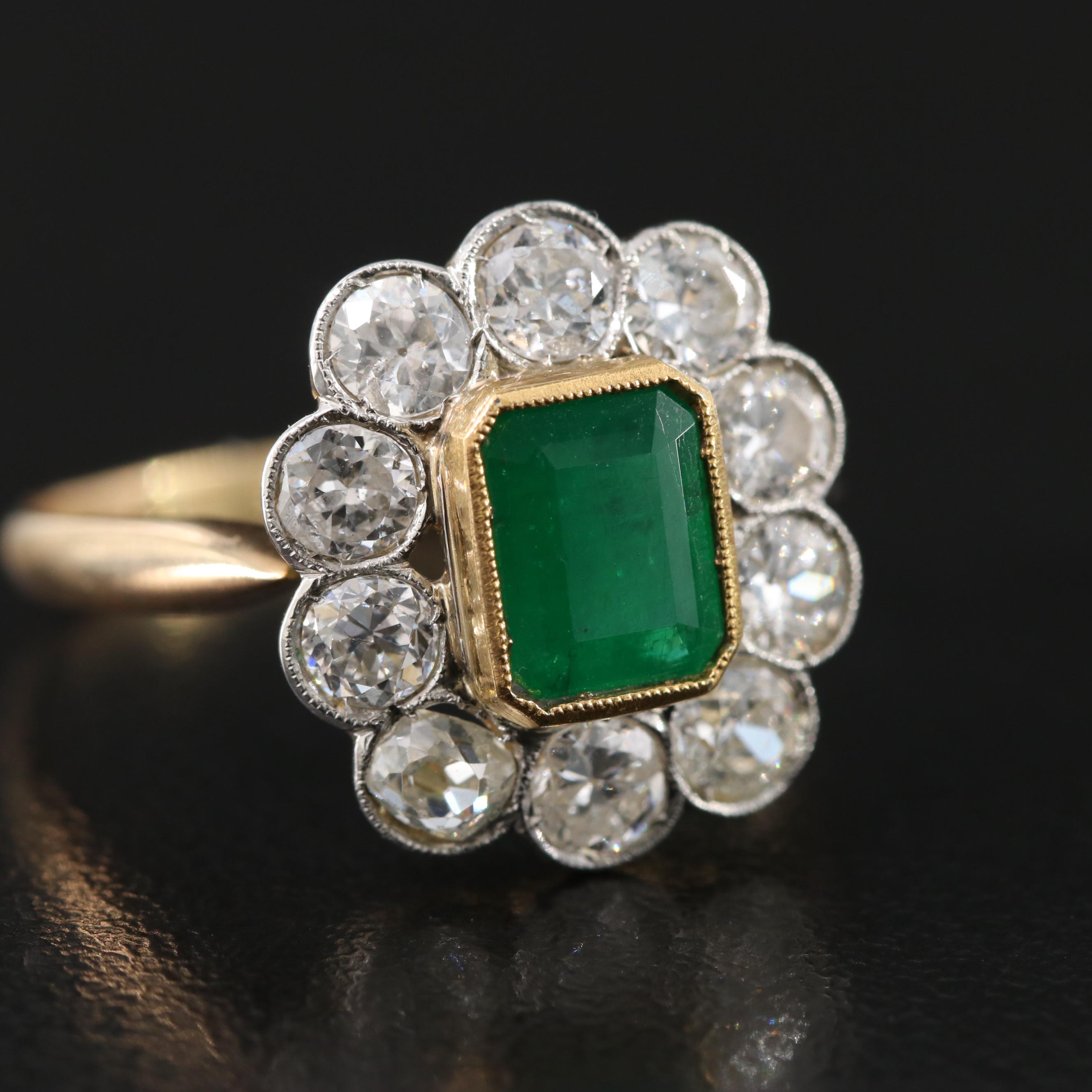 Antique 18K Emerald and 1.45 CTW Diamond Ring with Platinum Settings