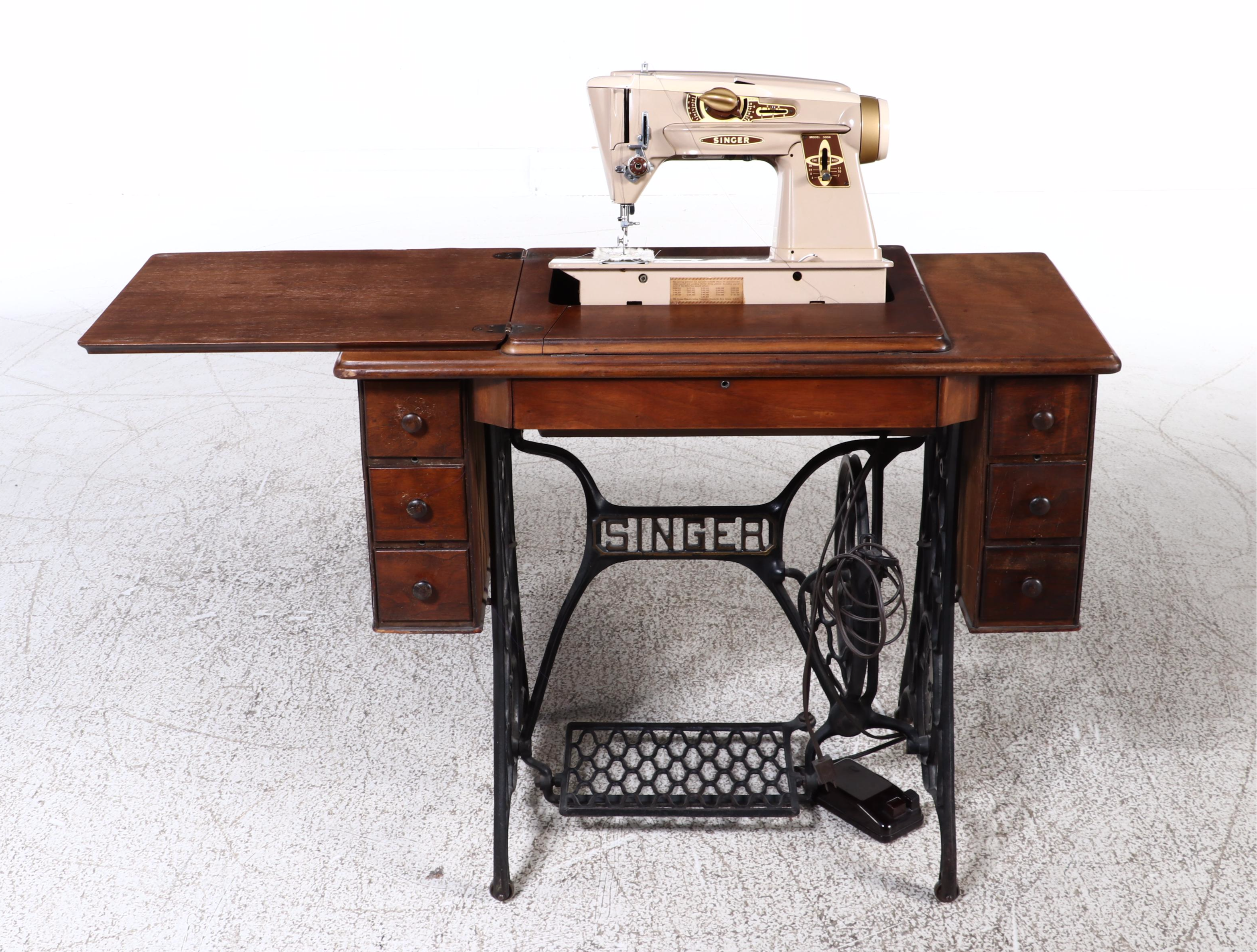 Singer Model 500A Sewing Machine with Cast Iron and Wood Sewing Table