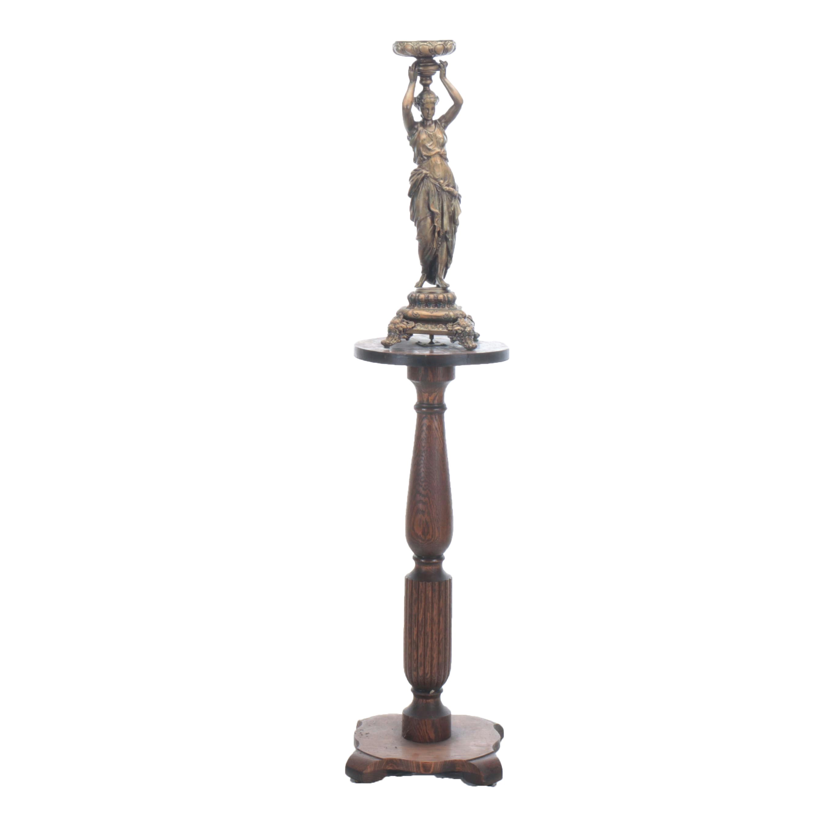 Turned and Reeded Oak Pedestal with Cast Metal Figural Candle Pricket