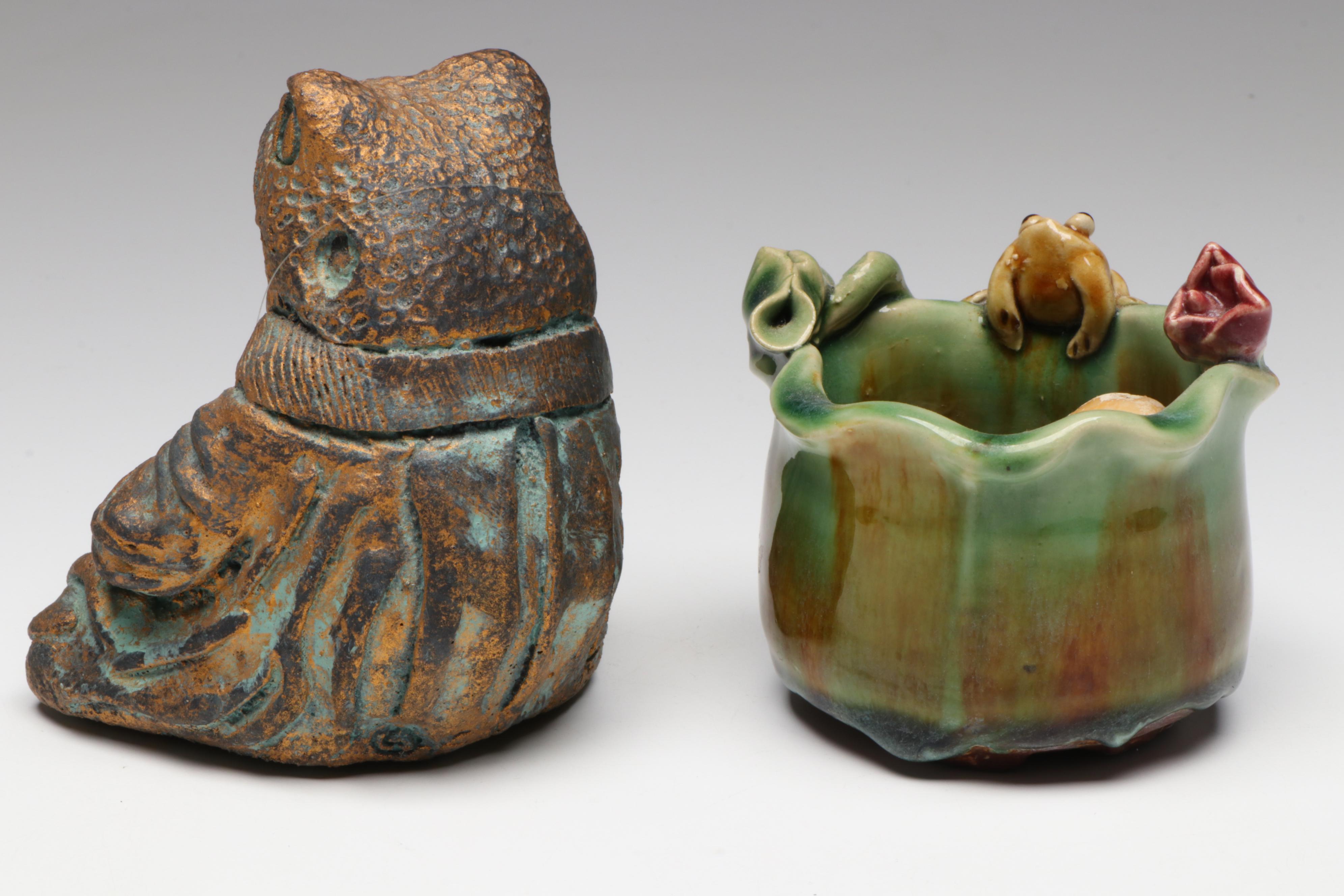 Sancai Frog & Flower Vase with Other Frog Figurines and Bonsai Planter
