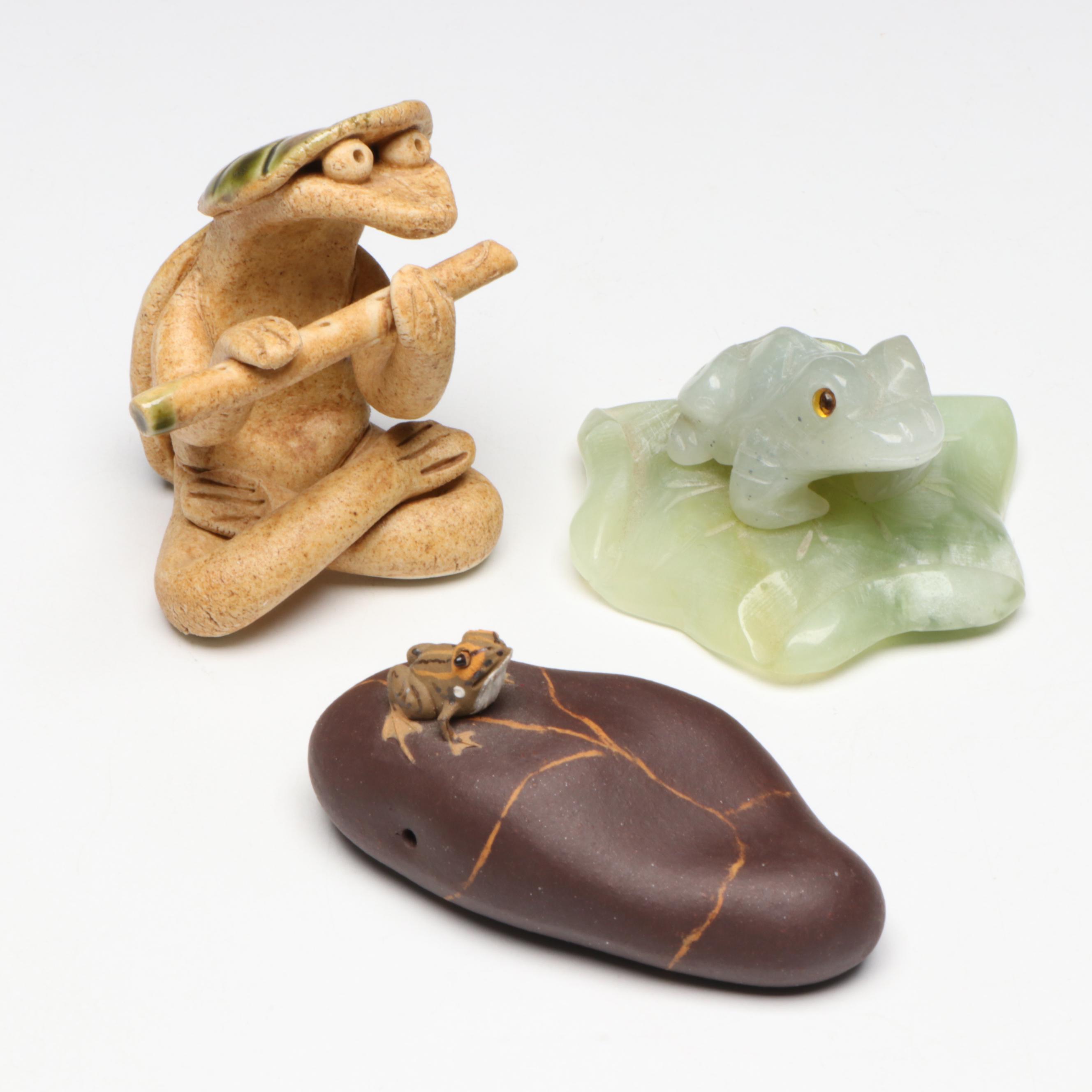 Sancai Frog & Flower Vase with Other Frog Figurines and Bonsai Planter
