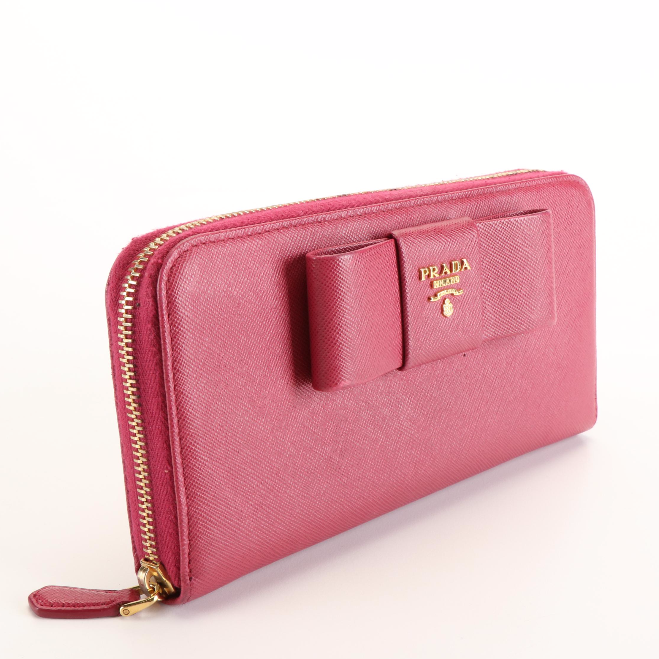 Prada Fiocco Bow Zip Around Long Wallet in Peonia Saffiano Leather