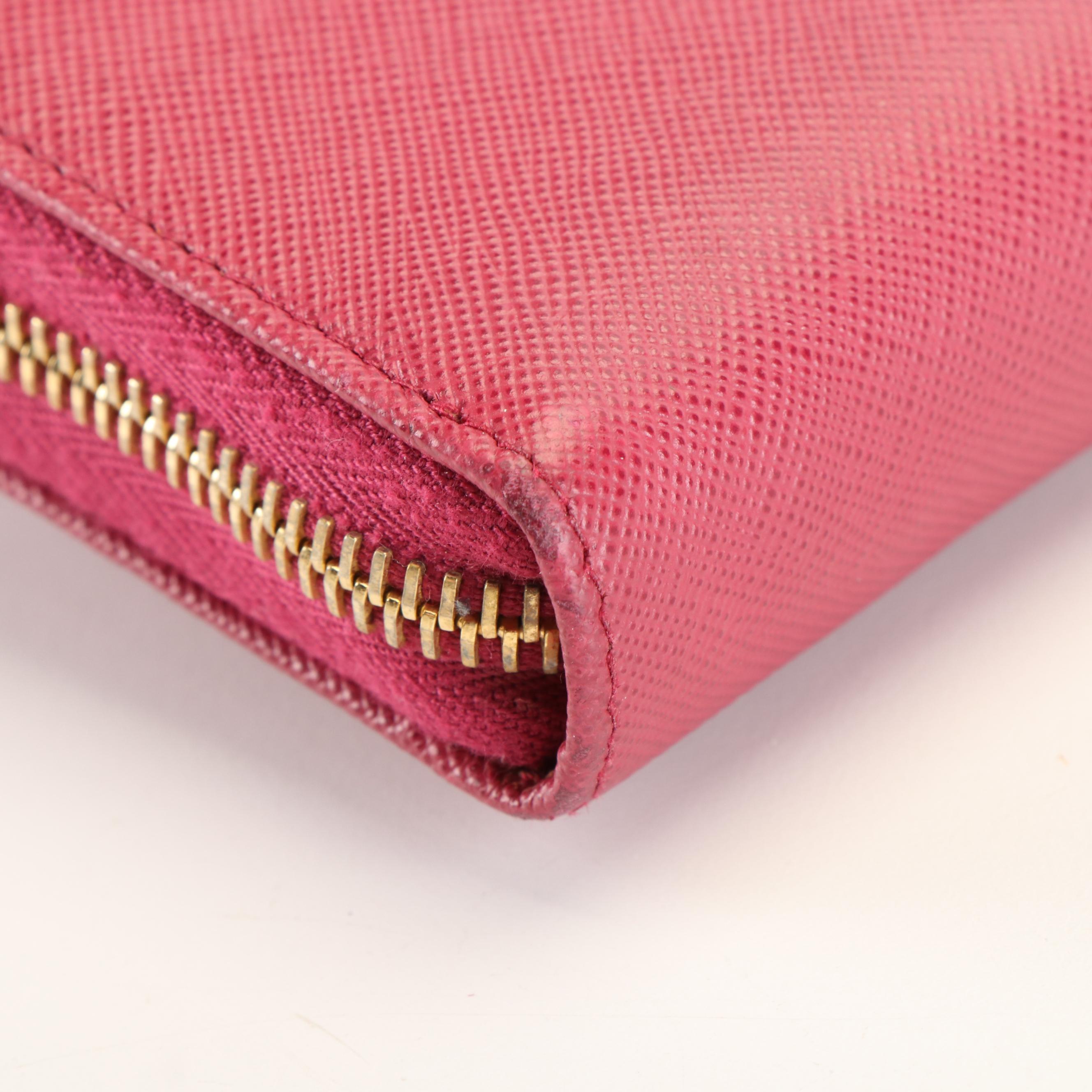 Prada Fiocco Bow Zip Around Long Wallet in Peonia Saffiano Leather