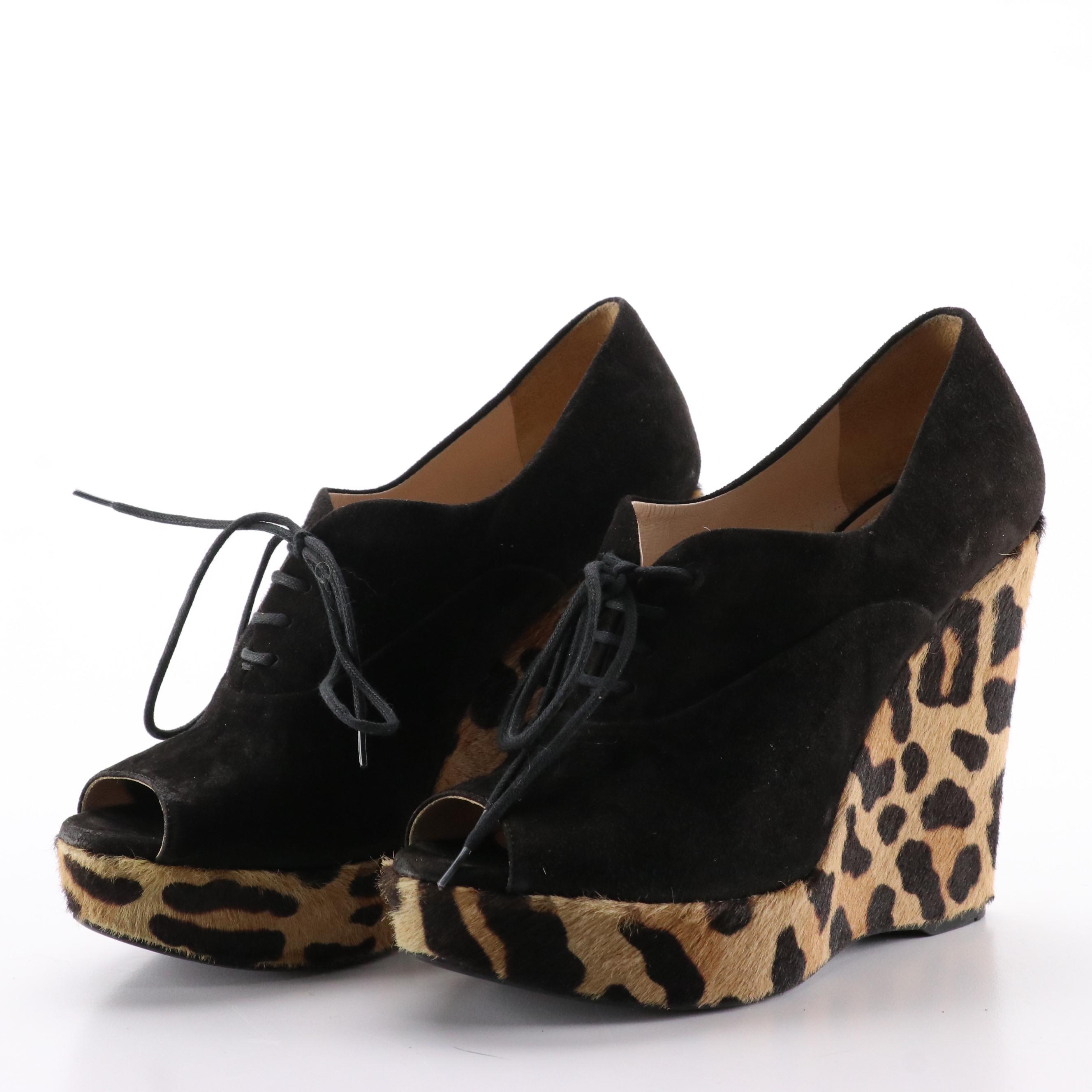 Prada Black Suede and Leopard Print Calf Hair Lace-Up Peep Toe Wedges