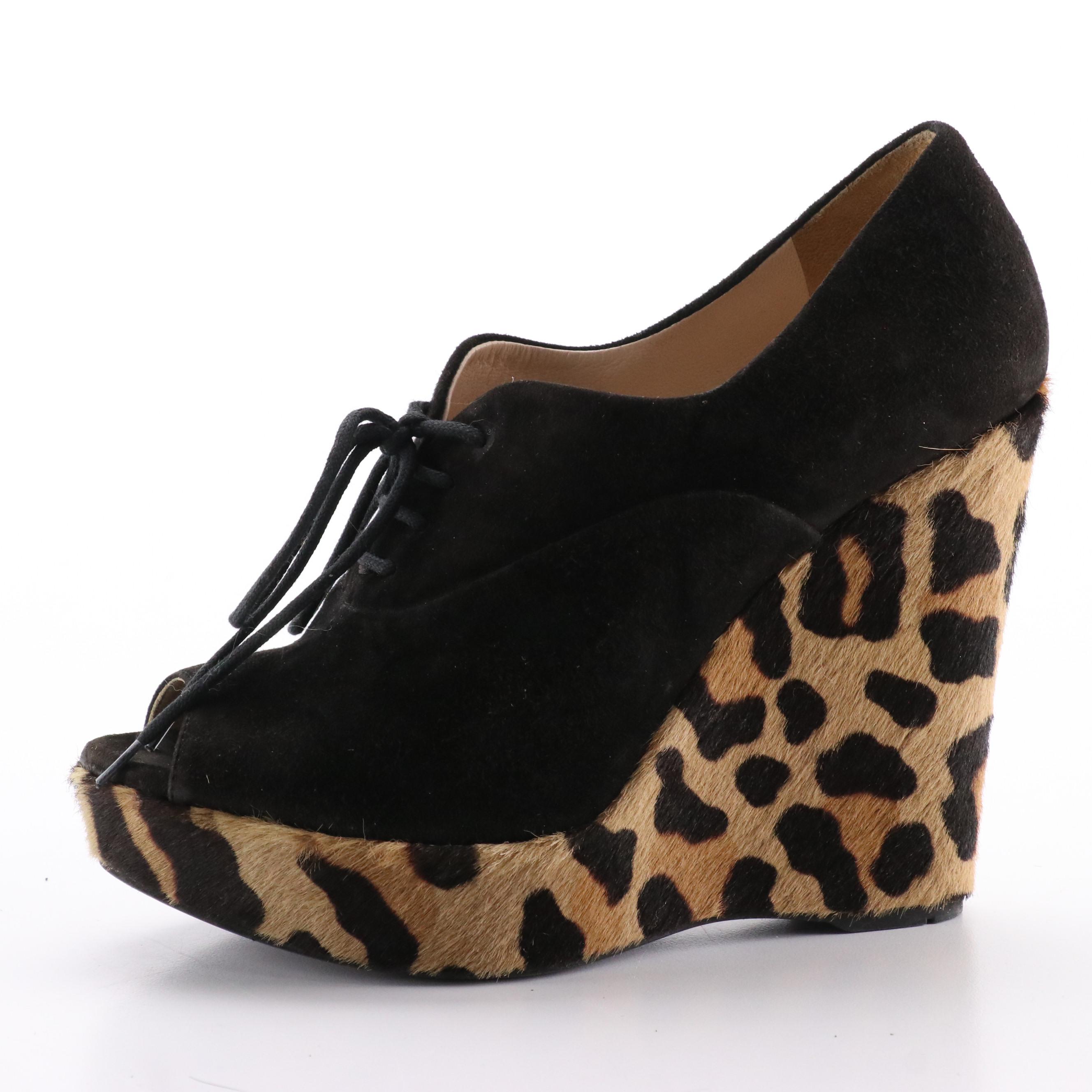 Prada Black Suede and Leopard Print Calf Hair Lace-Up Peep Toe Wedges