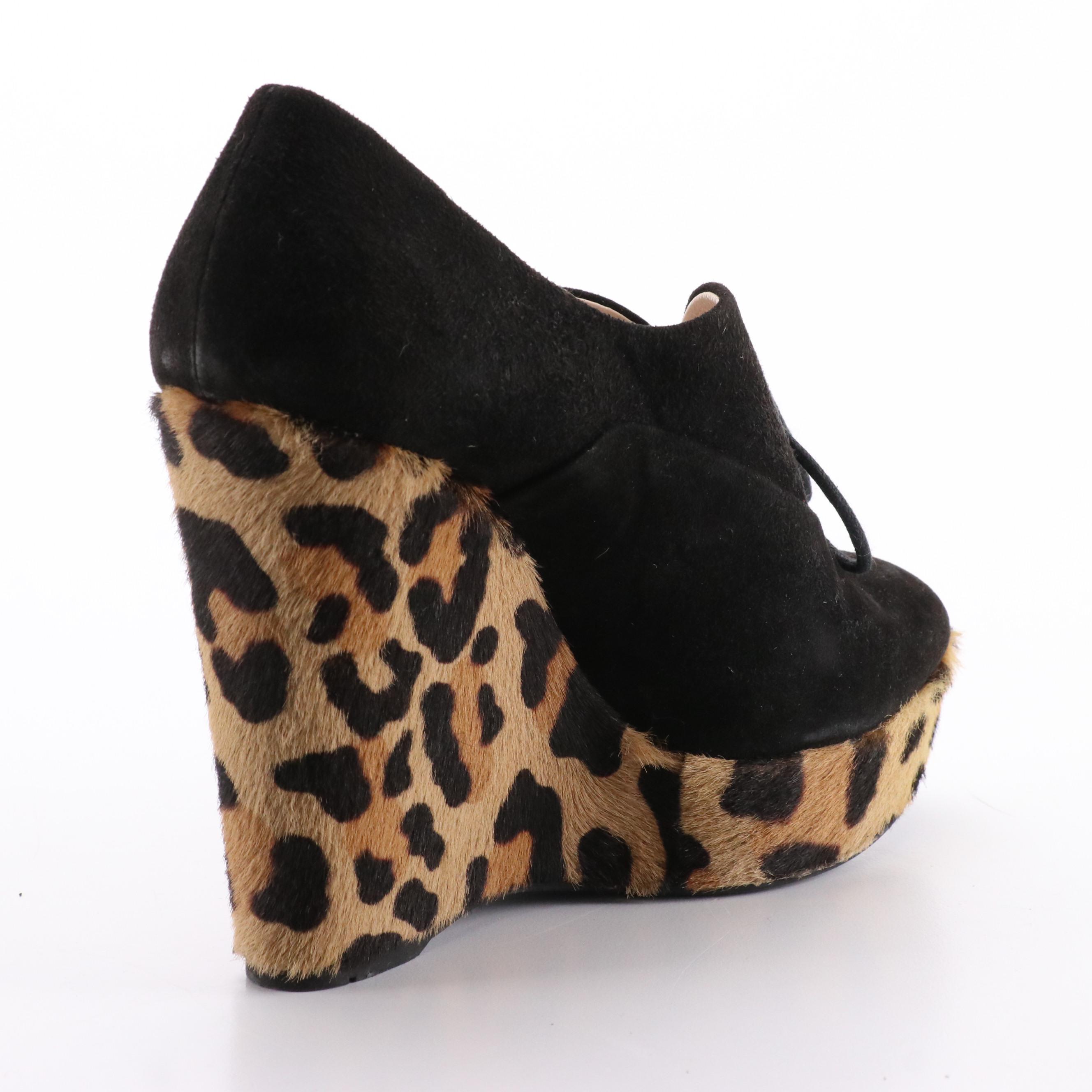 Prada Black Suede and Leopard Print Calf Hair Lace-Up Peep Toe Wedges