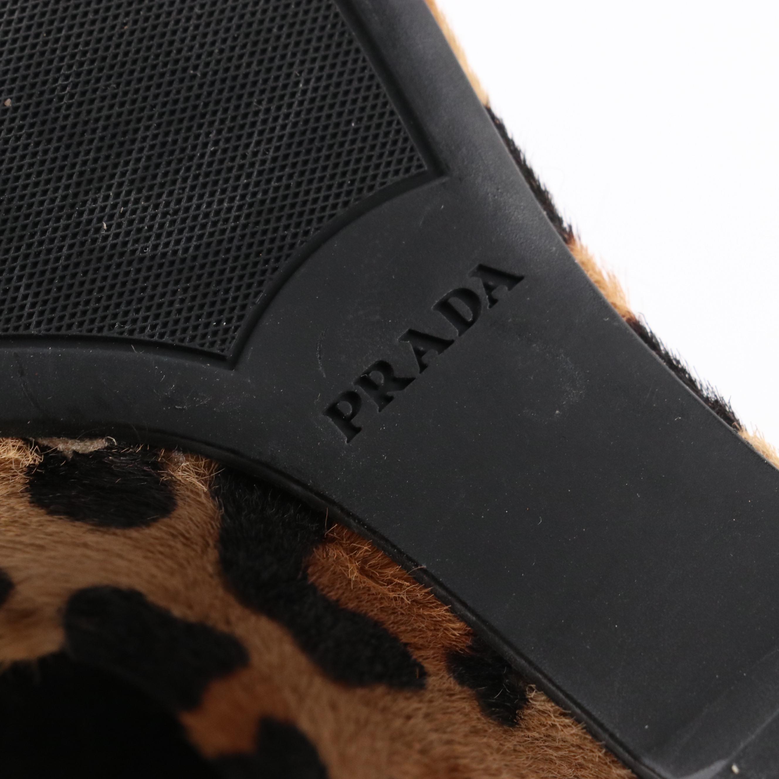 Prada Black Suede and Leopard Print Calf Hair Lace-Up Peep Toe Wedges
