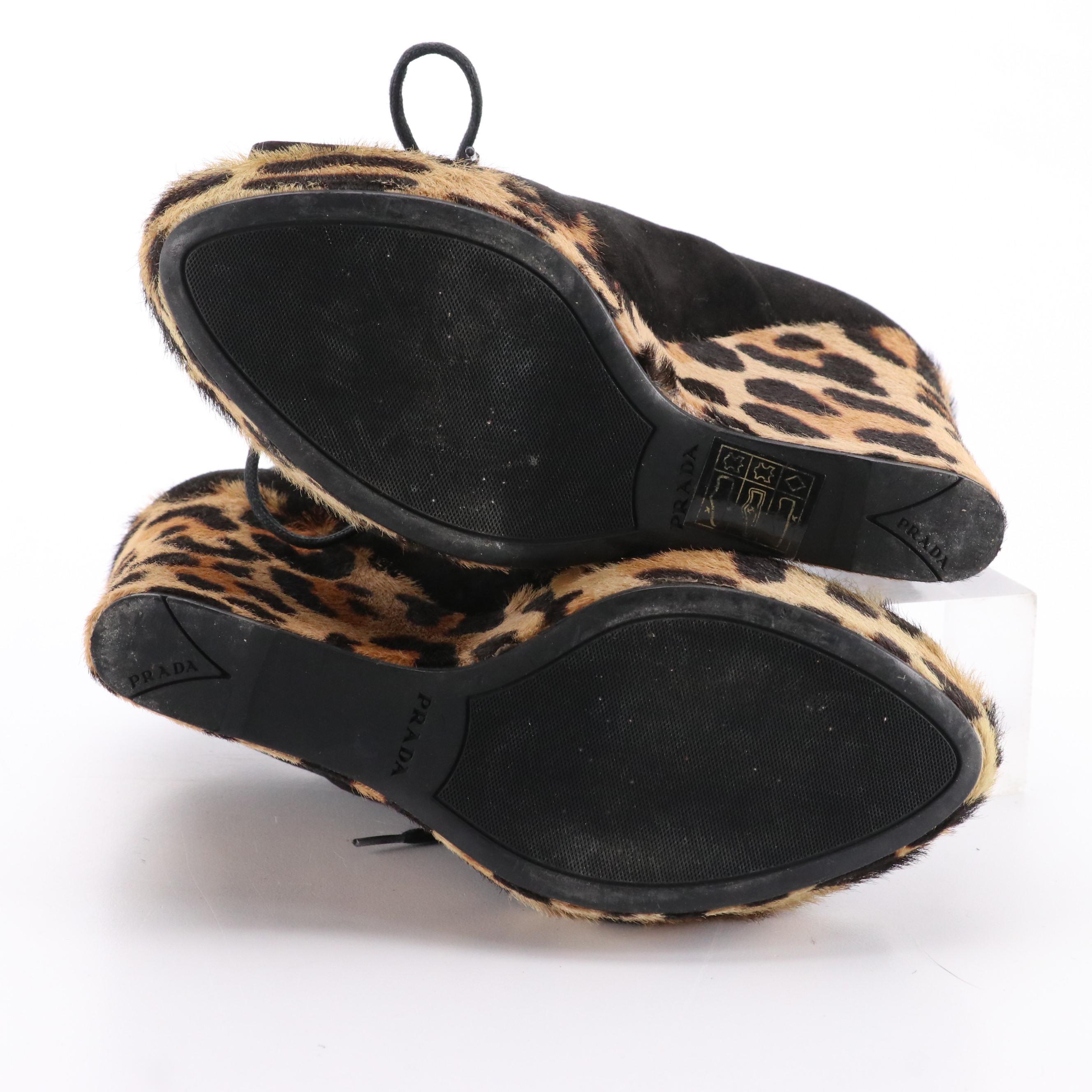 Prada Black Suede and Leopard Print Calf Hair Lace-Up Peep Toe Wedges