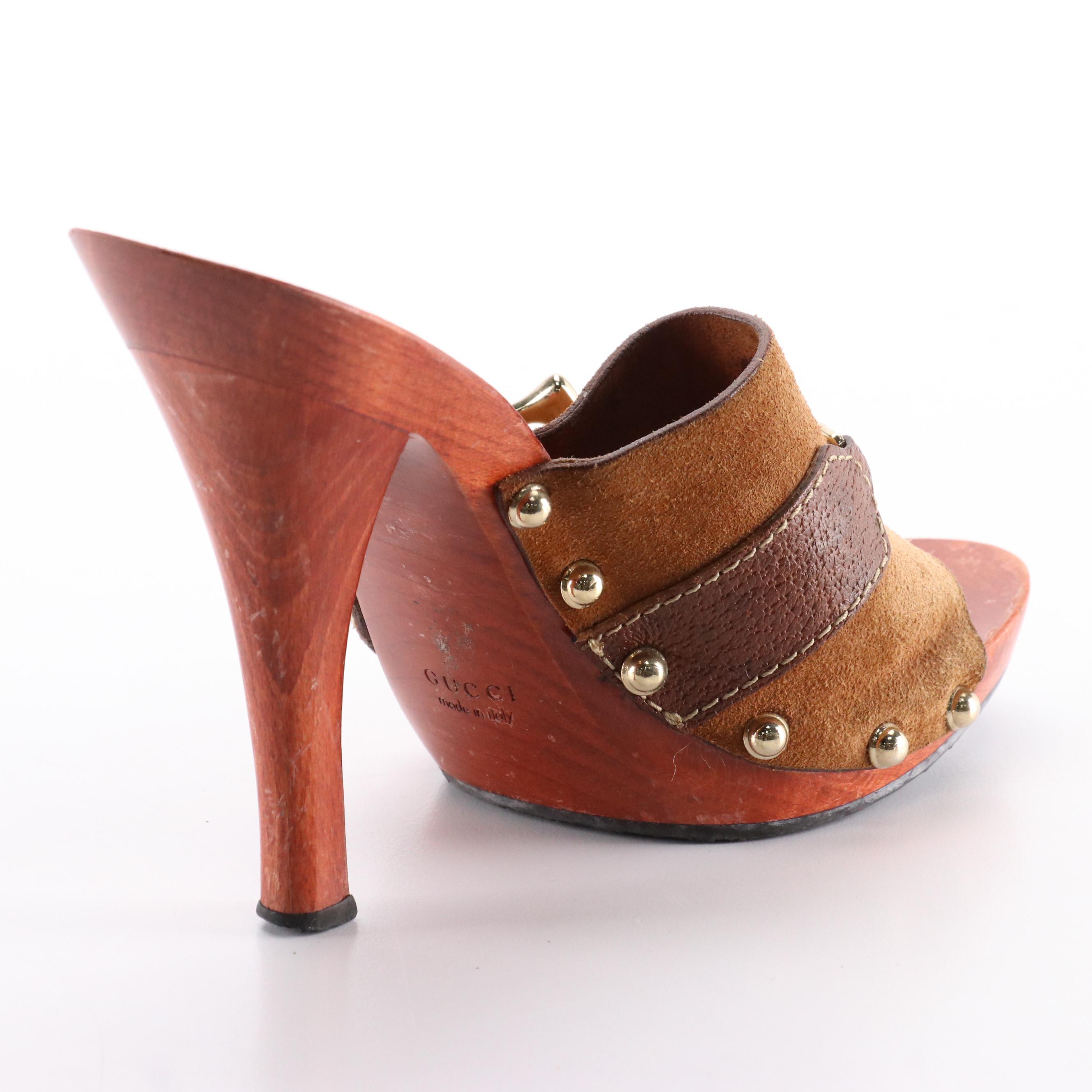 Gucci Brown Suede Icon Bit High-Heeled Wooden Platform Clogs