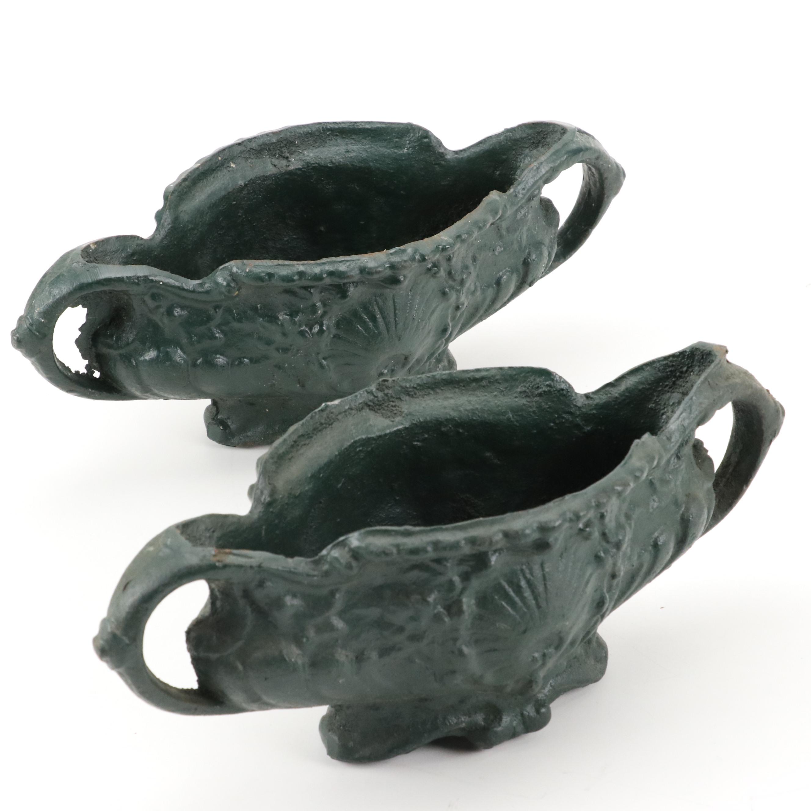 Art Nouveau Style Painted Cast Iron Planter Pair with Shell Motif