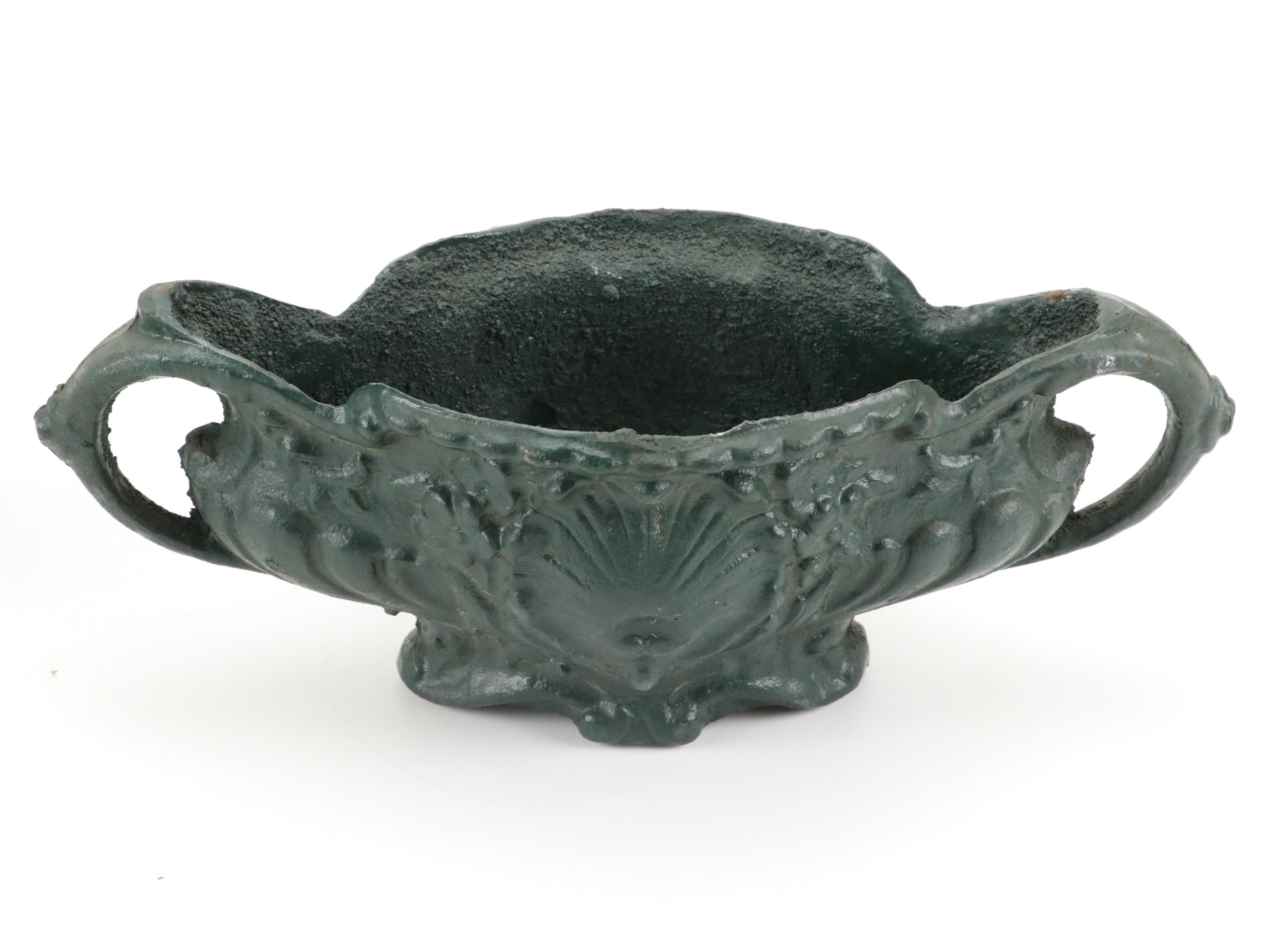 Art Nouveau Style Painted Cast Iron Planter Pair with Shell Motif