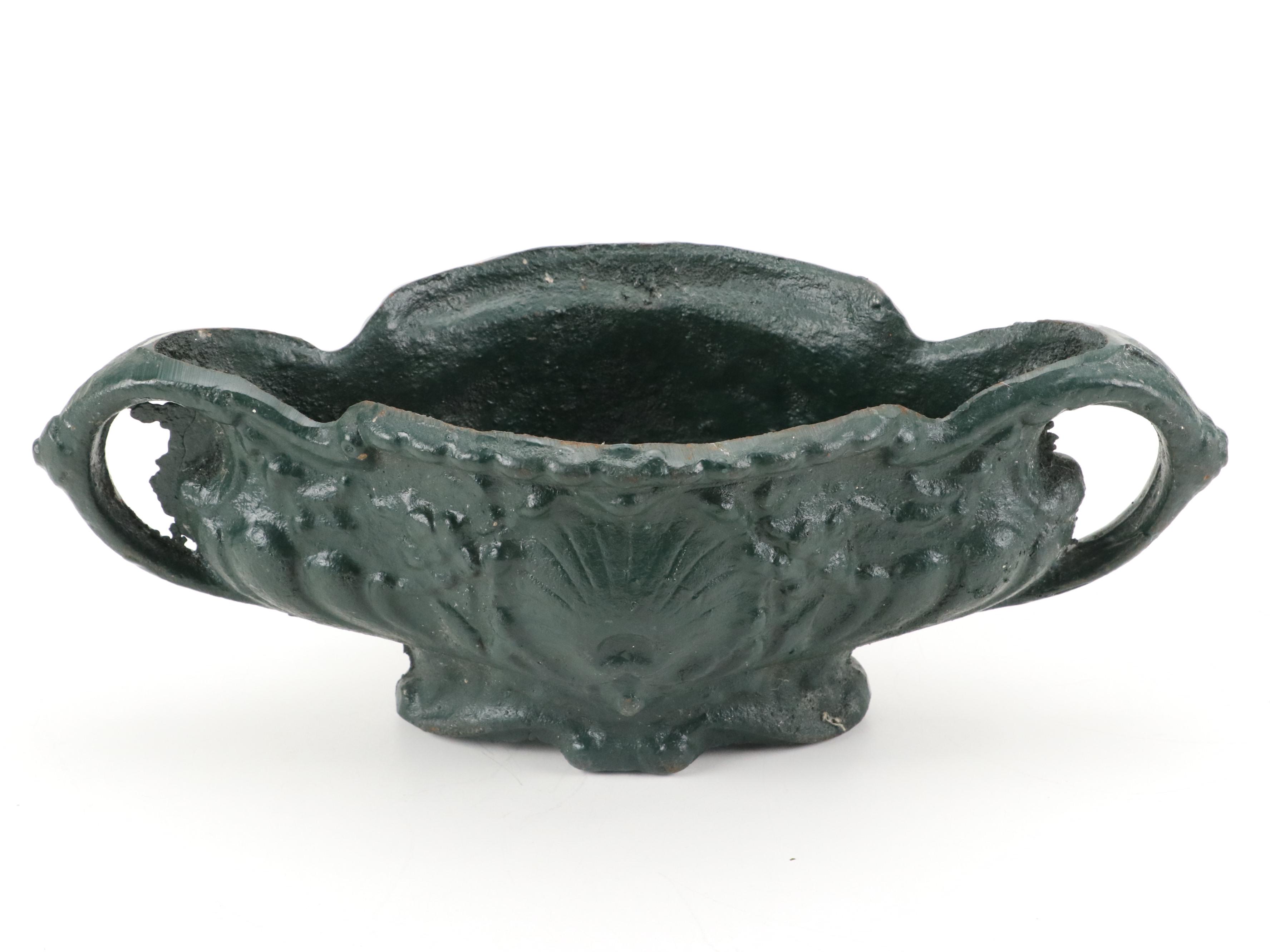 Art Nouveau Style Painted Cast Iron Planter Pair with Shell Motif