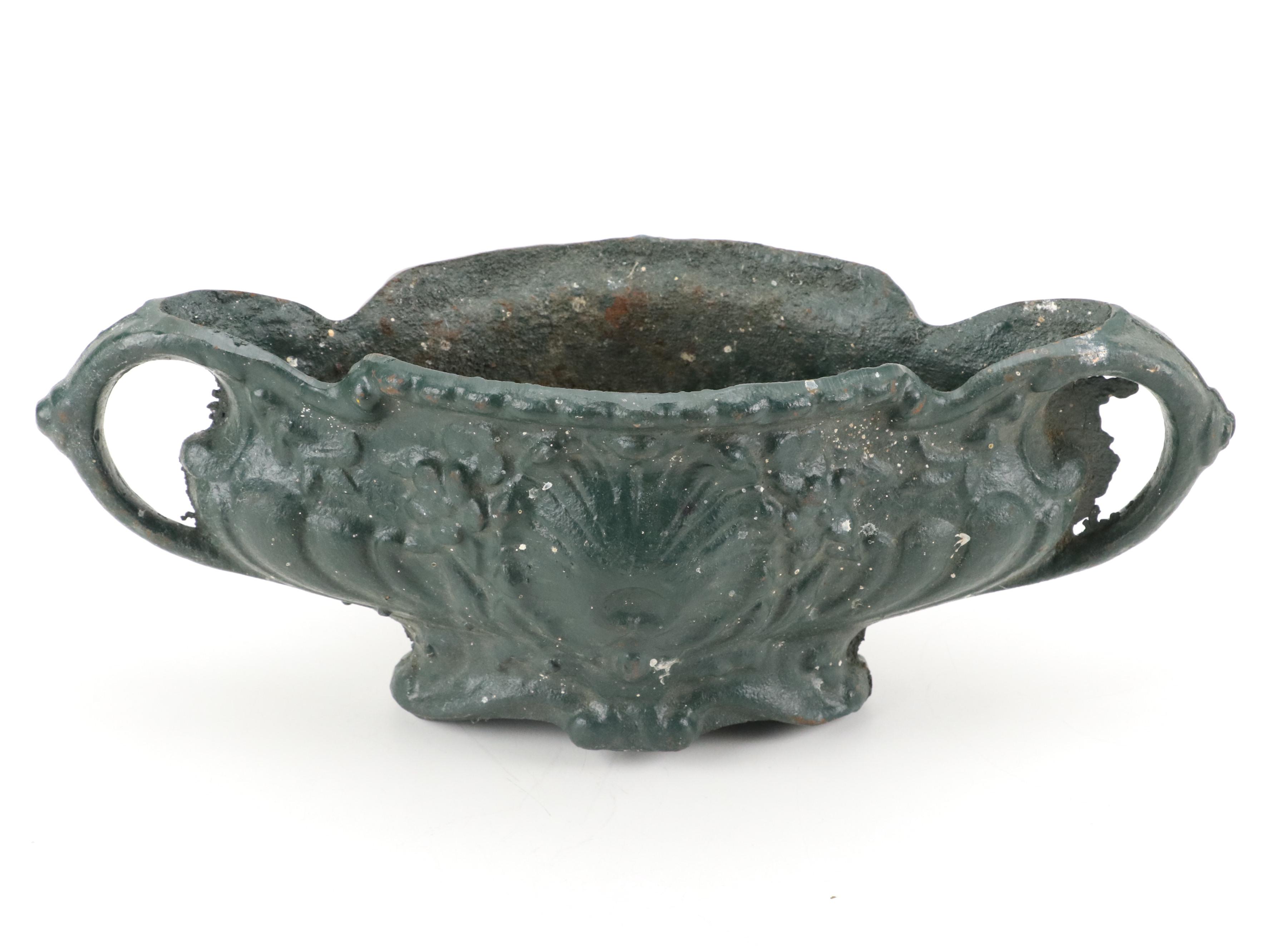 Art Nouveau Style Painted Cast Iron Planter Pair with Shell Motif