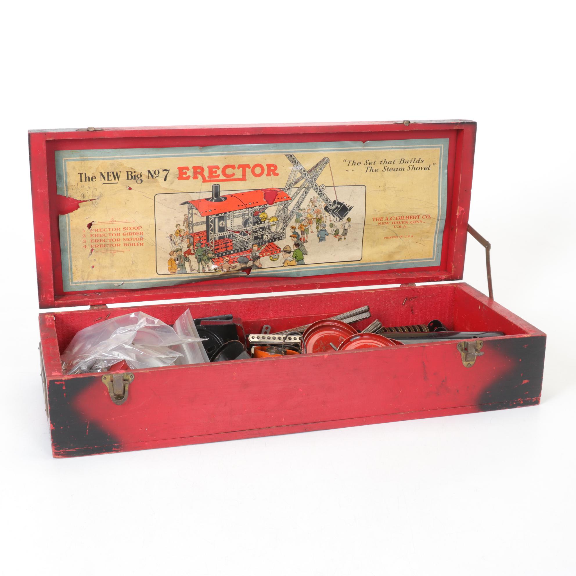 Gilbert Erector Set No.7 in Wood Case, Mid 20th Century