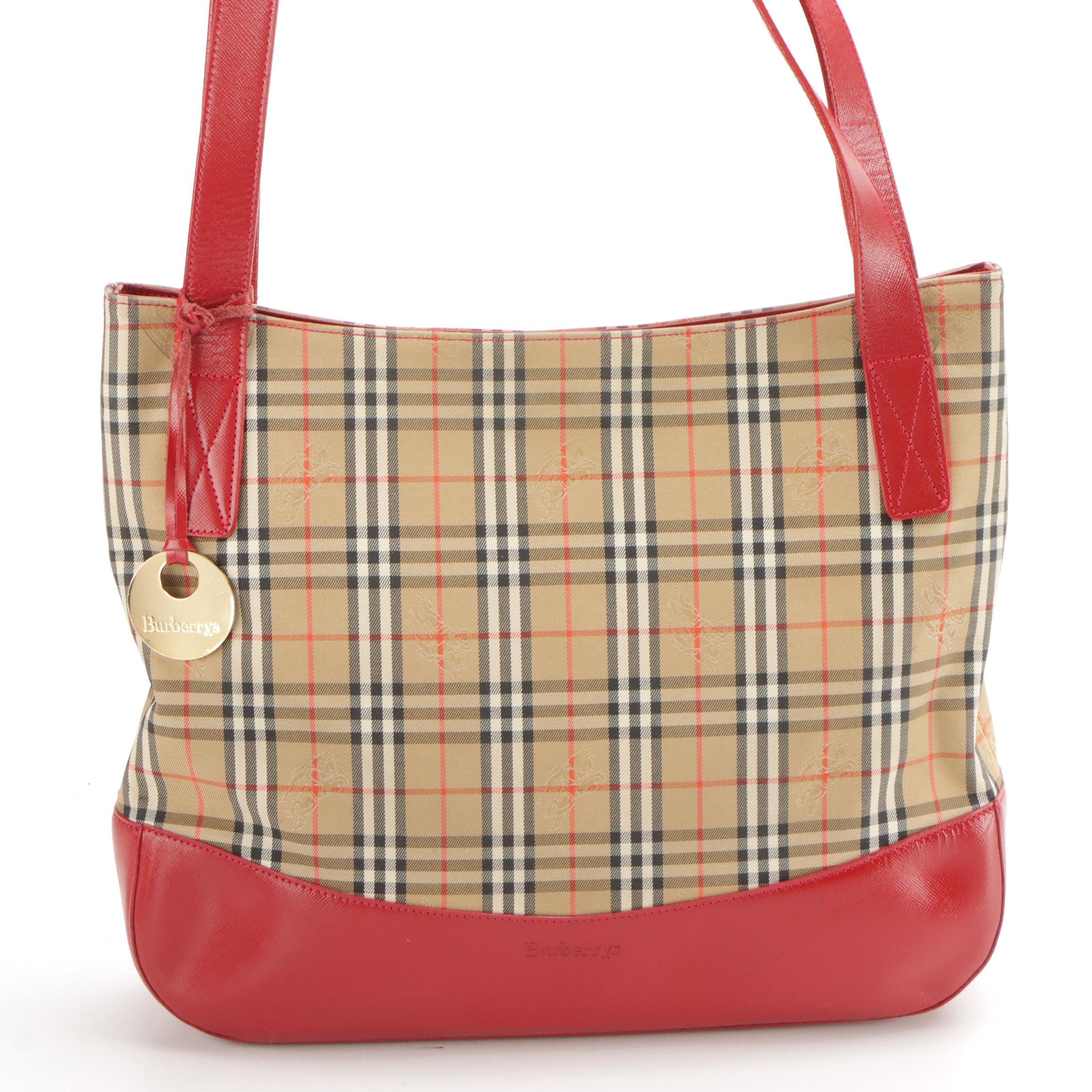 Burberrys Haymarket Check and Red Saffiano Leather Shoulder Bag/Tote