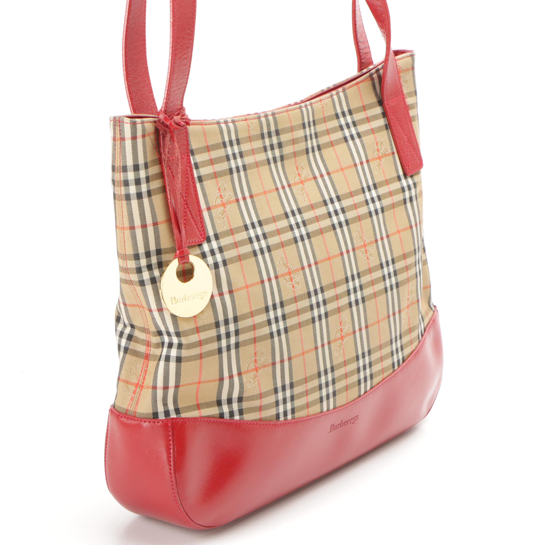 Burberrys Haymarket Check and Red Saffiano Leather Shoulder Bag/Tote