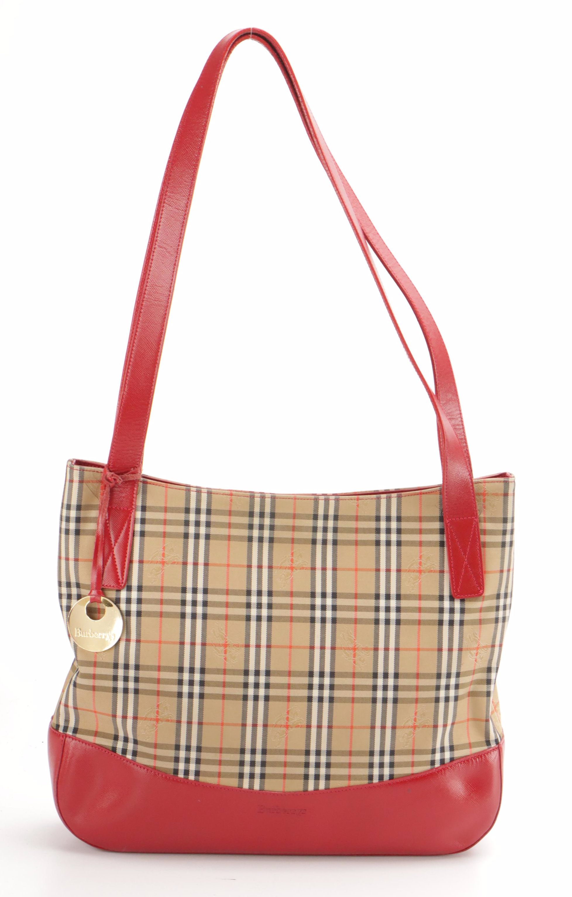 Burberrys Haymarket Check and Red Saffiano Leather Shoulder Bag/Tote