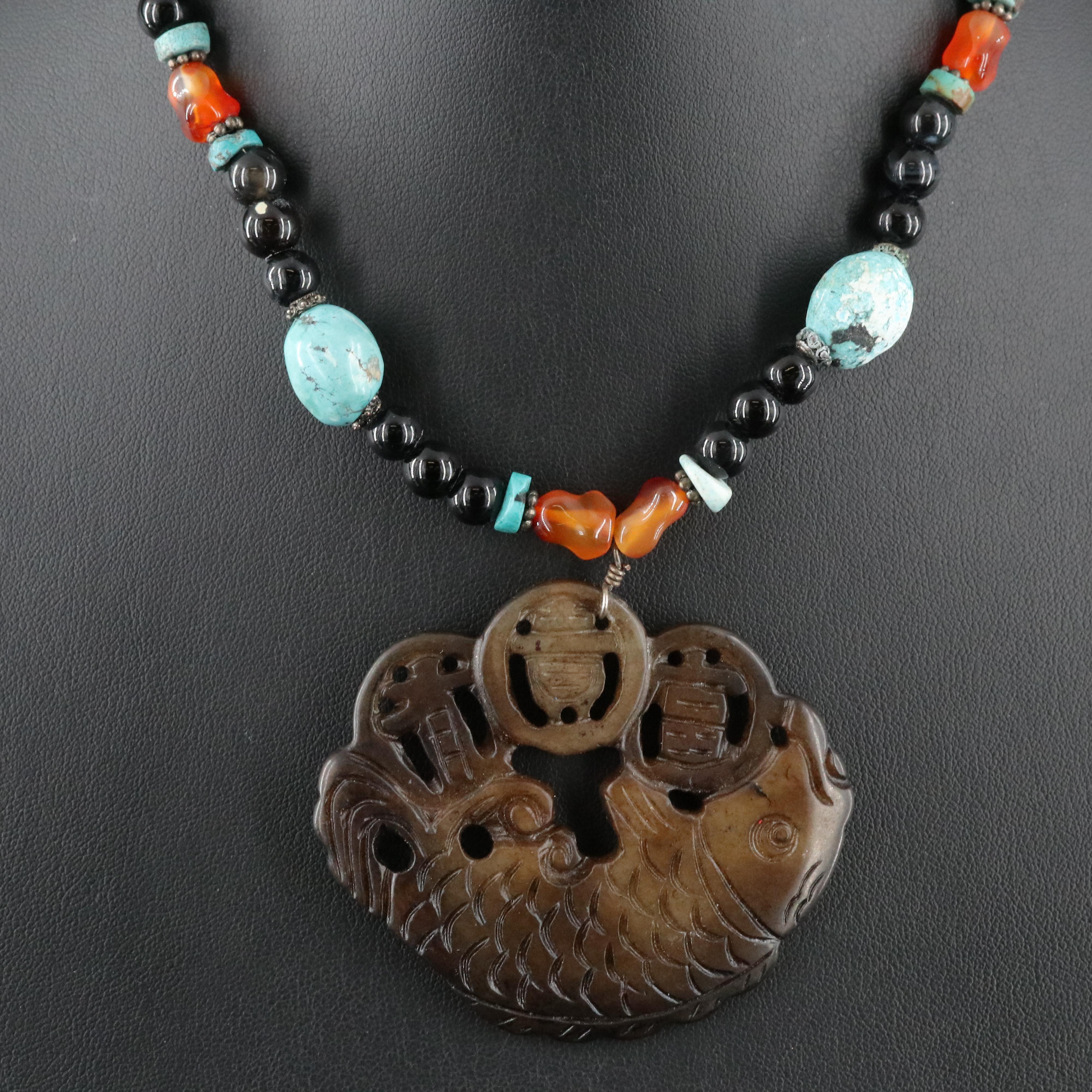 Carved Serpentine Koi and Gemstone Necklace with Sterling Clasp