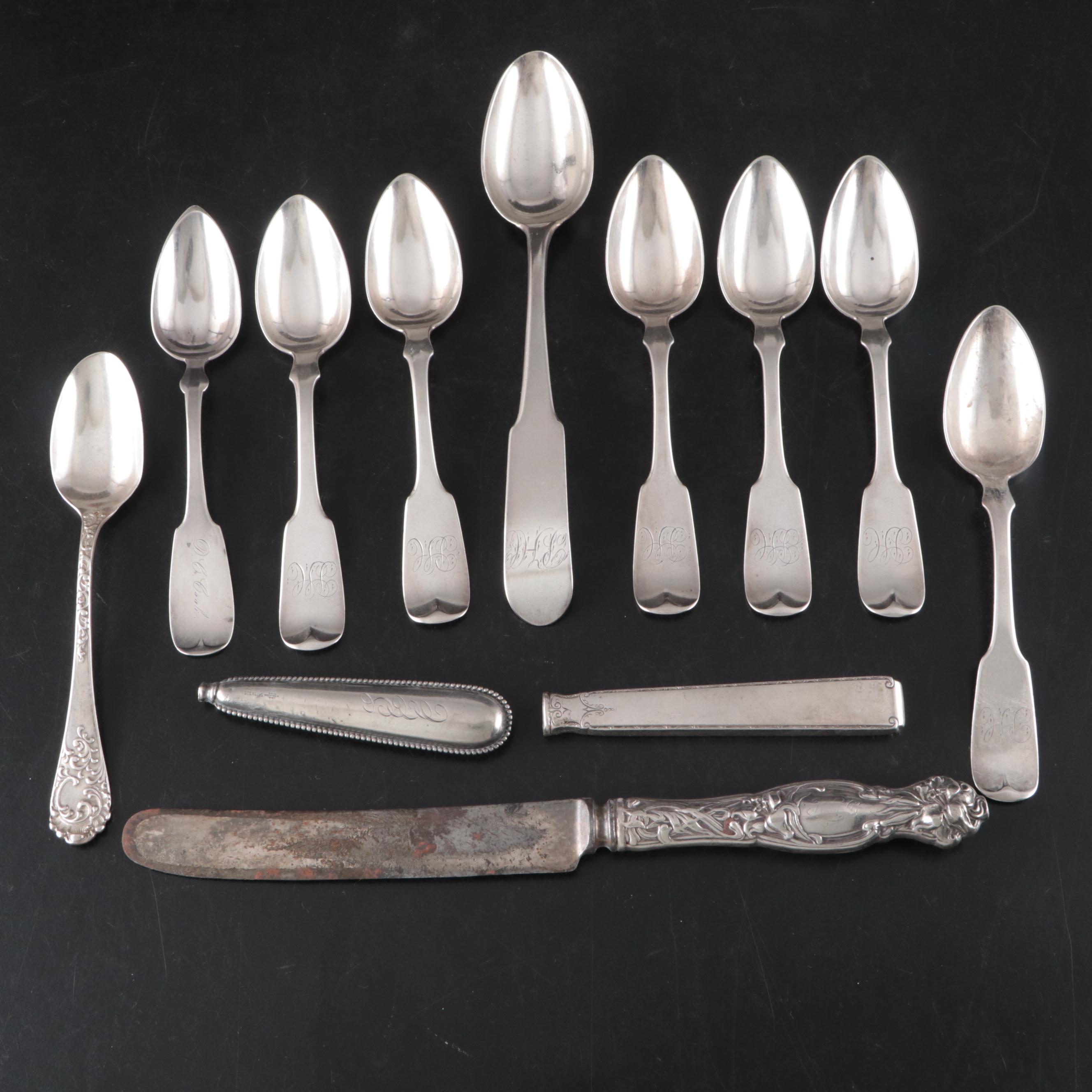 Coin Silver Fiddle Back Spoons with Sterling Spoon, Knife and Handles