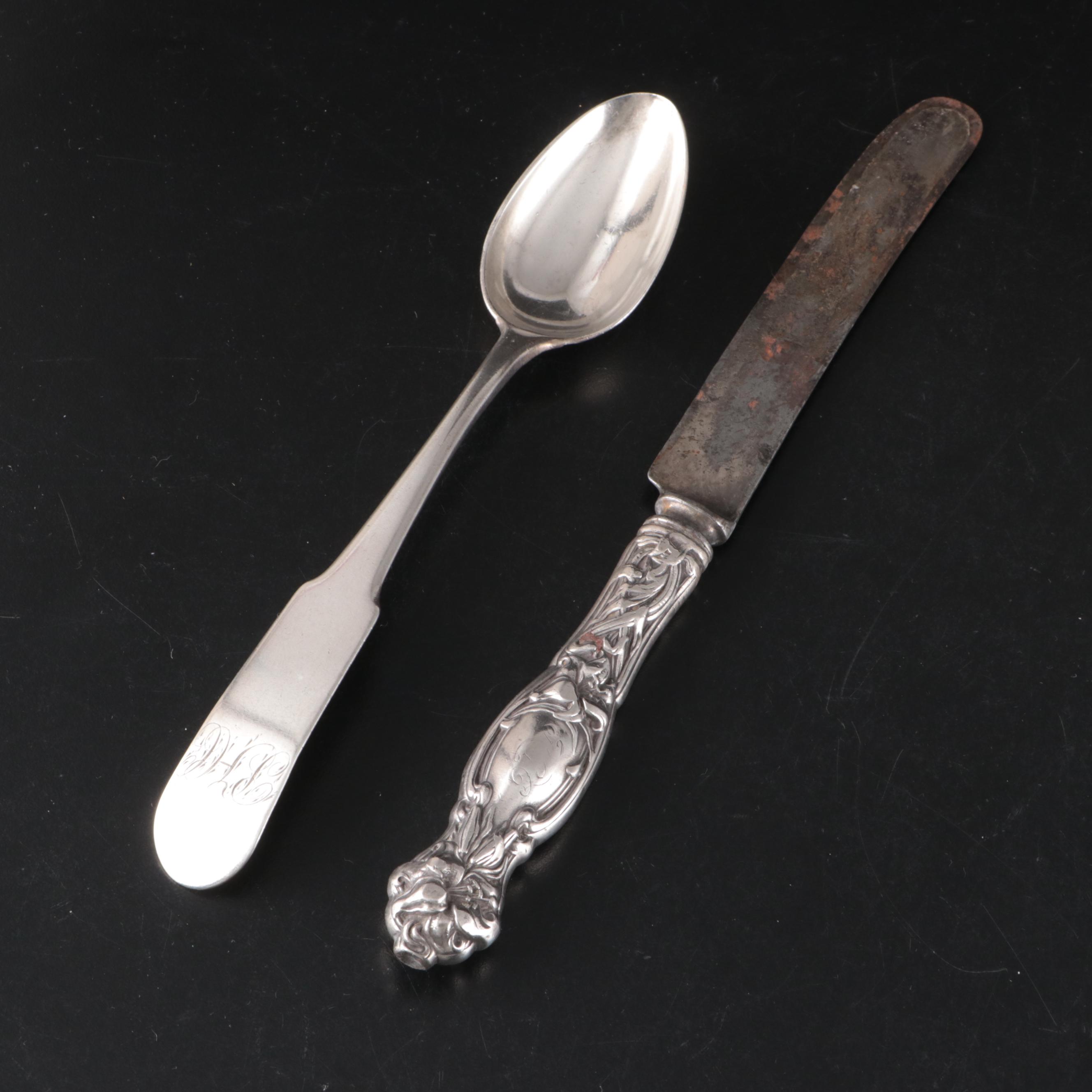 Coin Silver Fiddle Back Spoons with Sterling Spoon, Knife and Handles