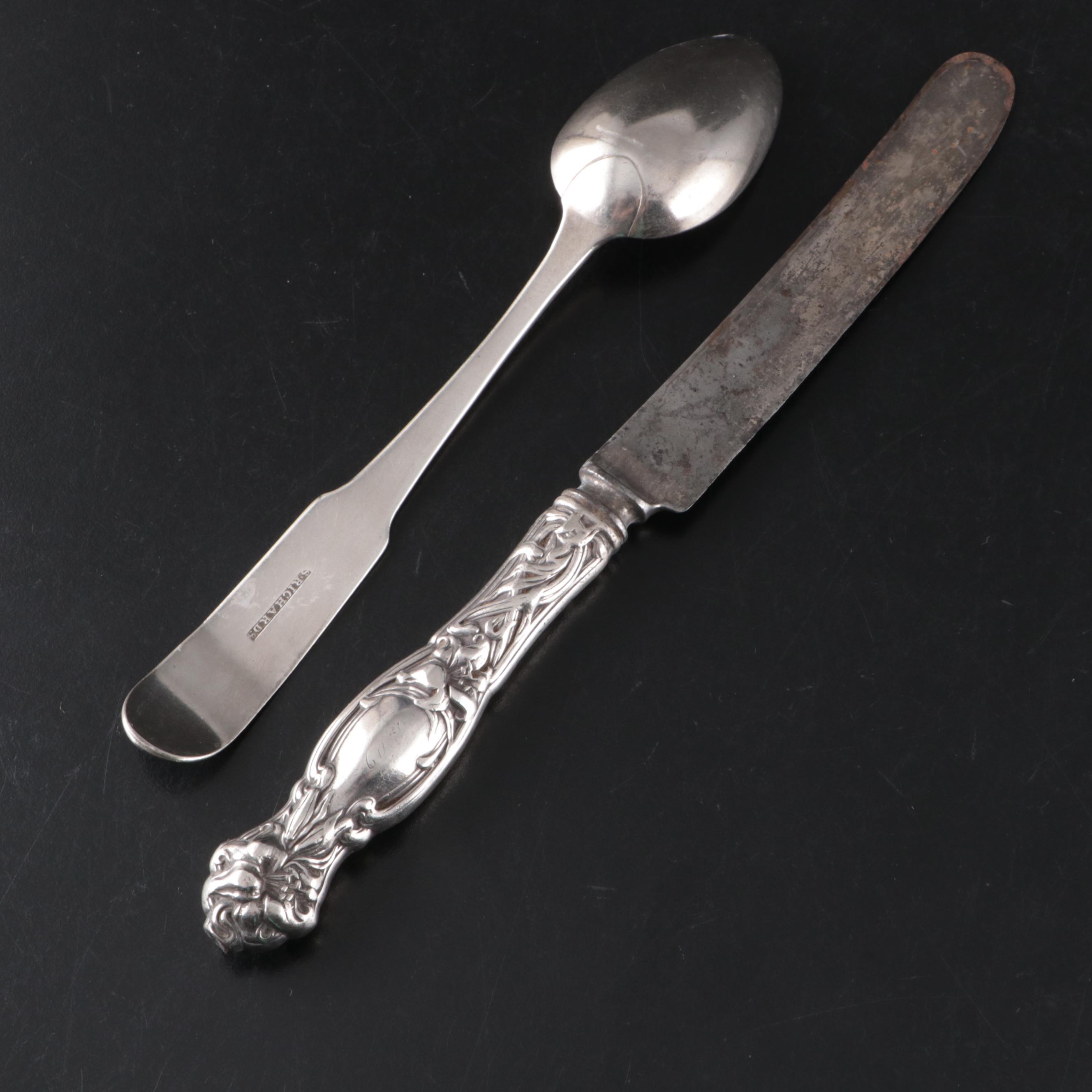 Coin Silver Fiddle Back Spoons with Sterling Spoon, Knife and Handles