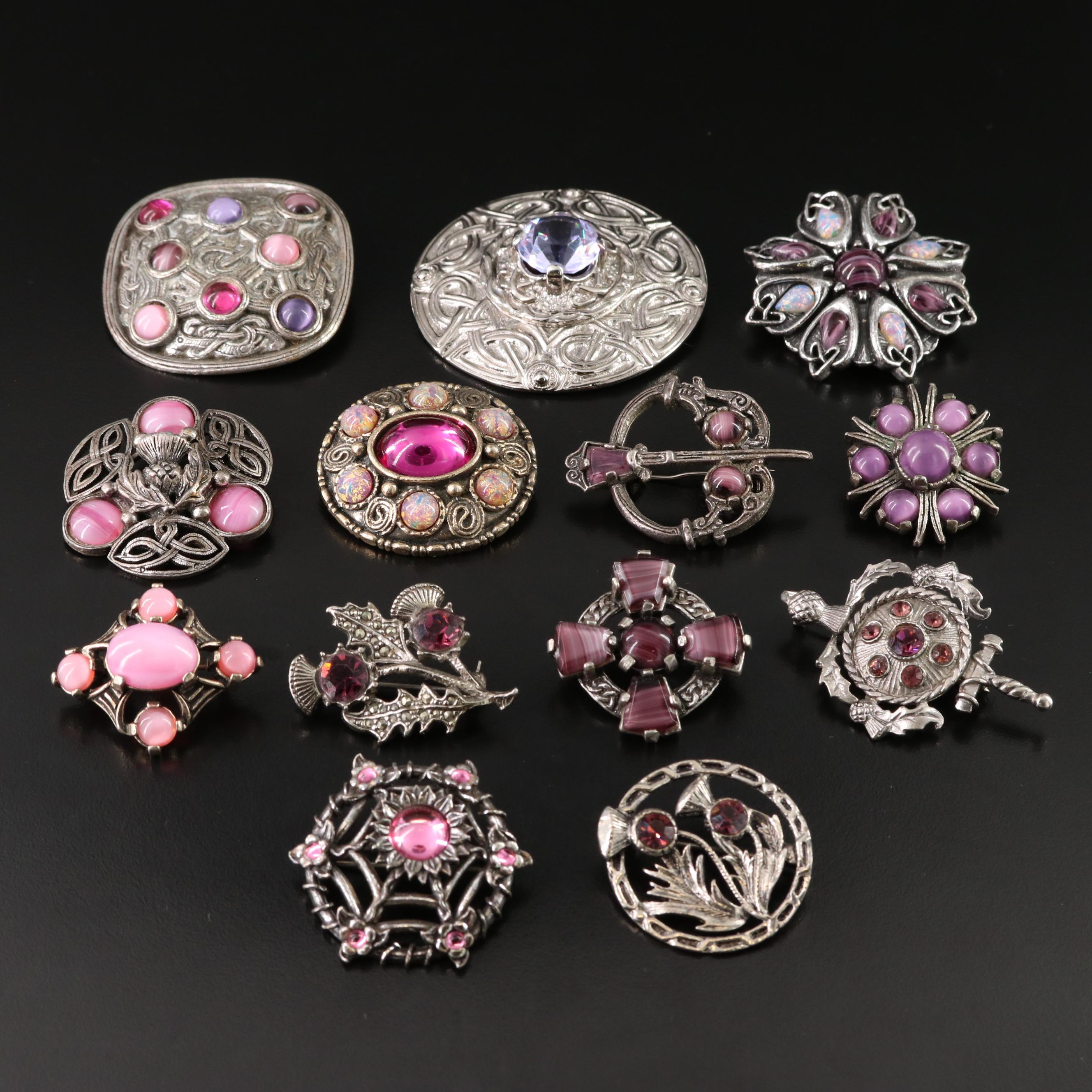 Collection of Scottish Style CZ, Rhinestone and Glass Brooches and Pins