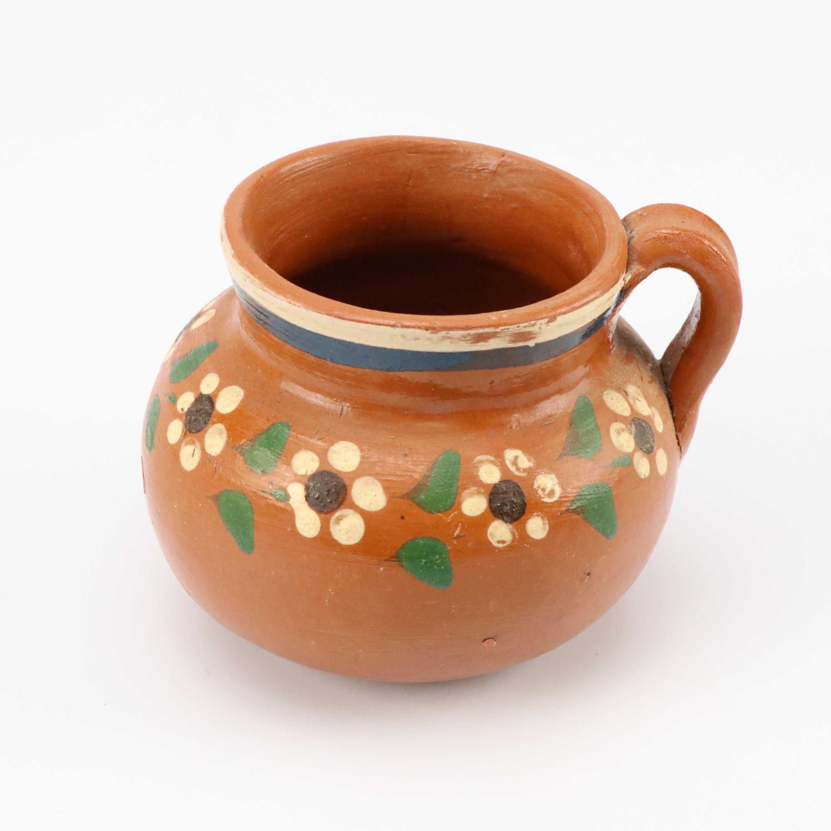 Mexican Folk Art Pottery Covered Dish and Mug with Other Coffee Pot