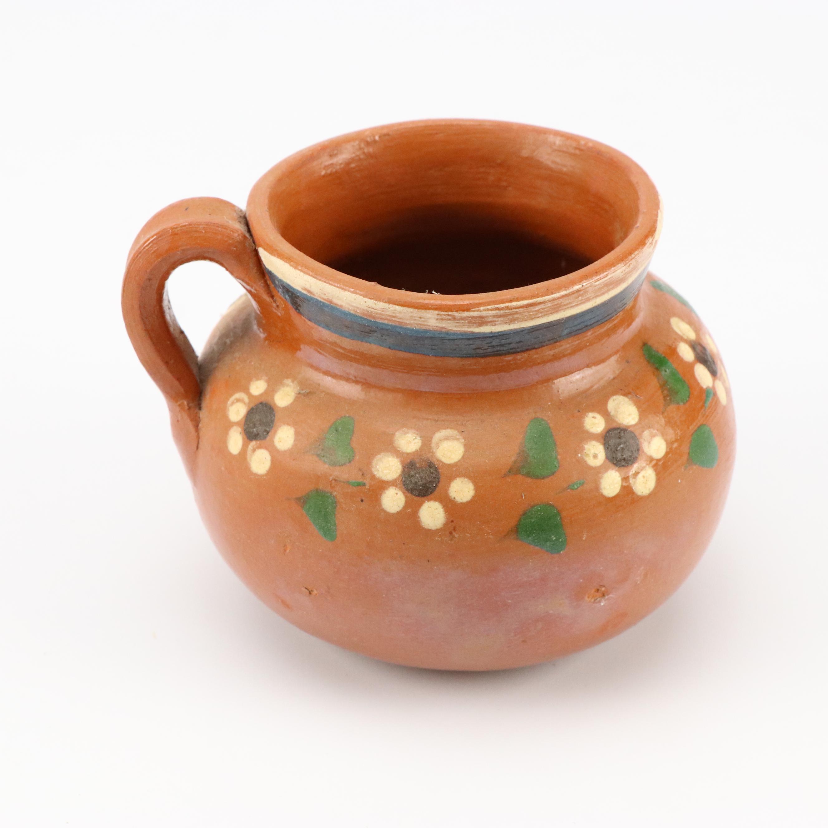 Mexican Folk Art Pottery Covered Dish and Mug with Other Coffee Pot