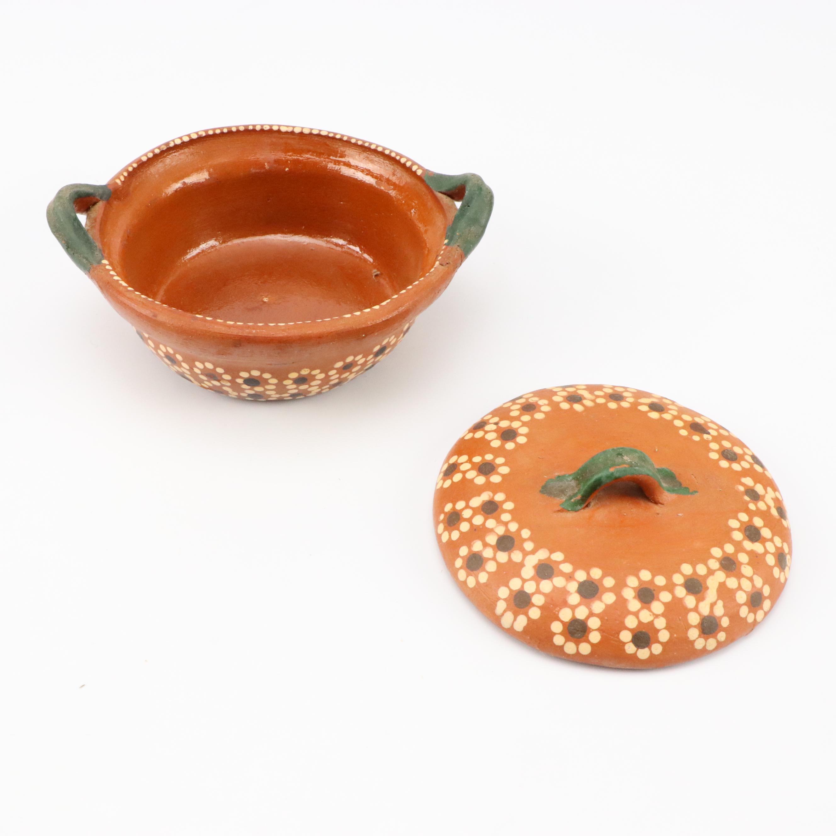 Mexican Folk Art Pottery Covered Dish and Mug with Other Coffee Pot