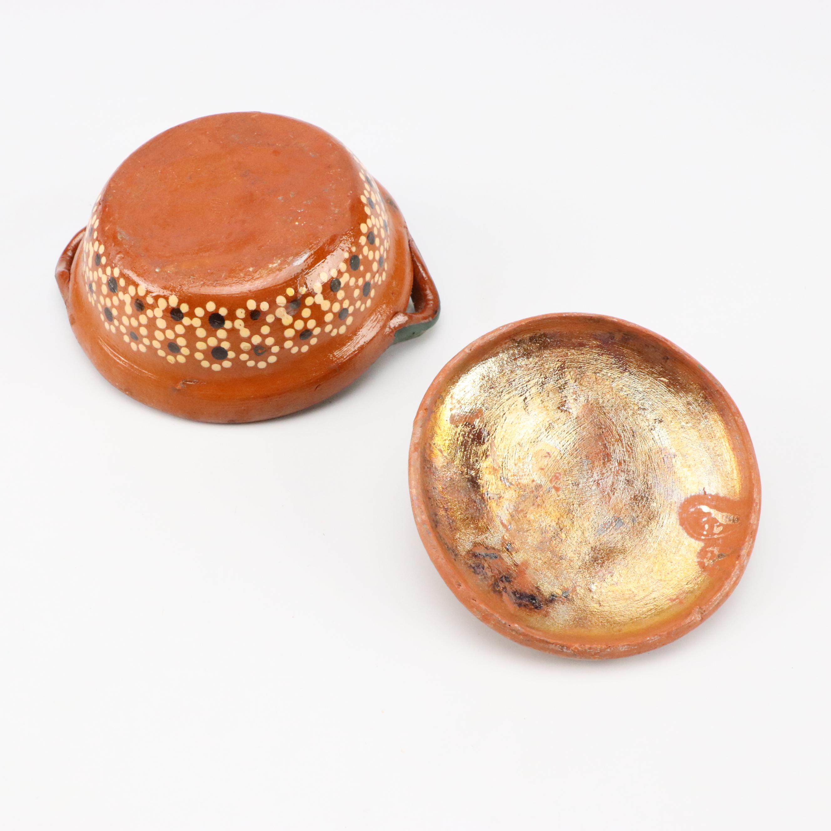 Mexican Folk Art Pottery Covered Dish and Mug with Other Coffee Pot