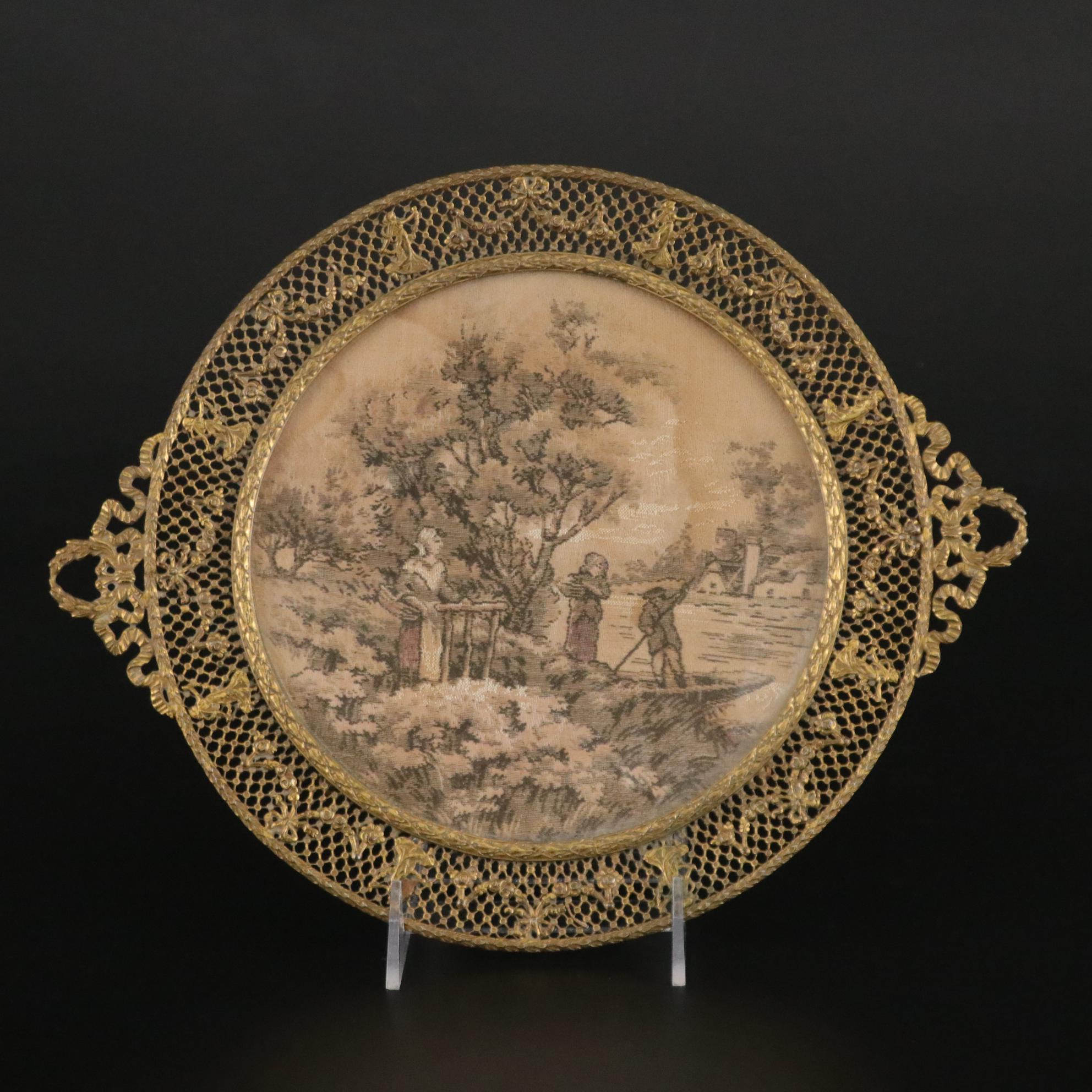 Victorian Style Jacquard Tapestry Vanity Tray with Brass Filigree Trim