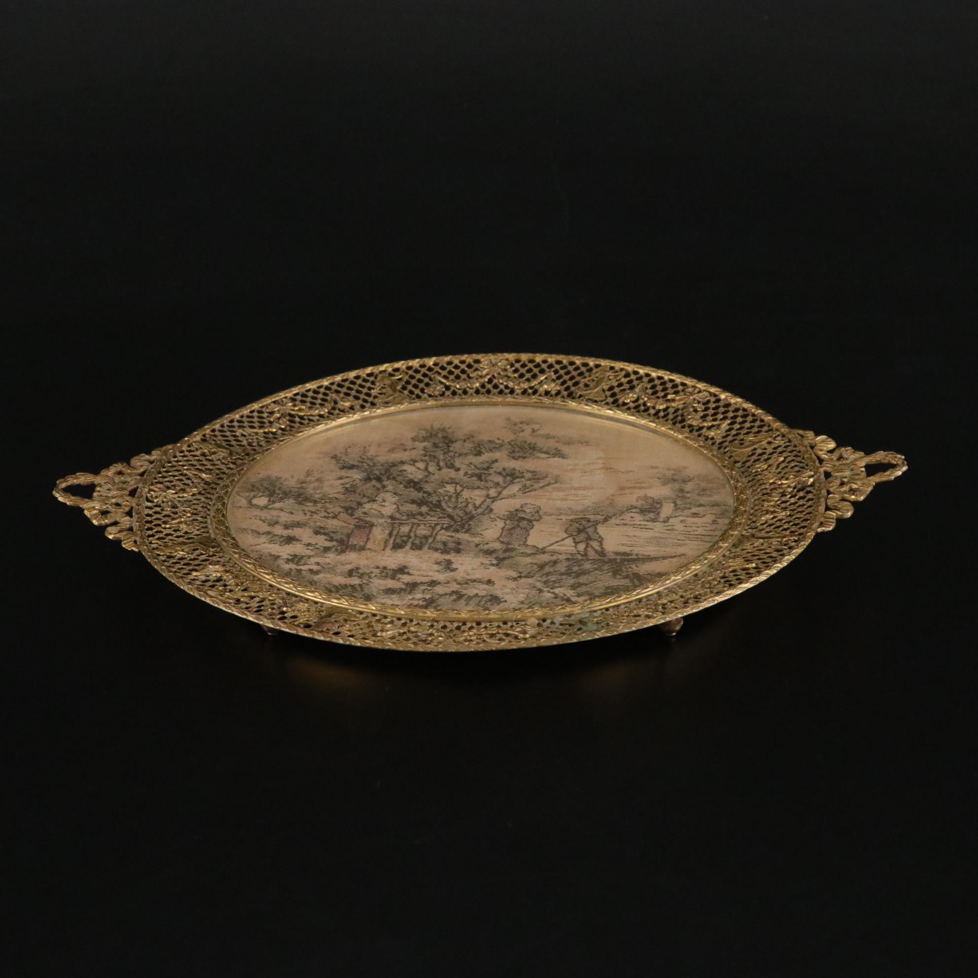 Victorian Style Jacquard Tapestry Vanity Tray with Brass Filigree Trim