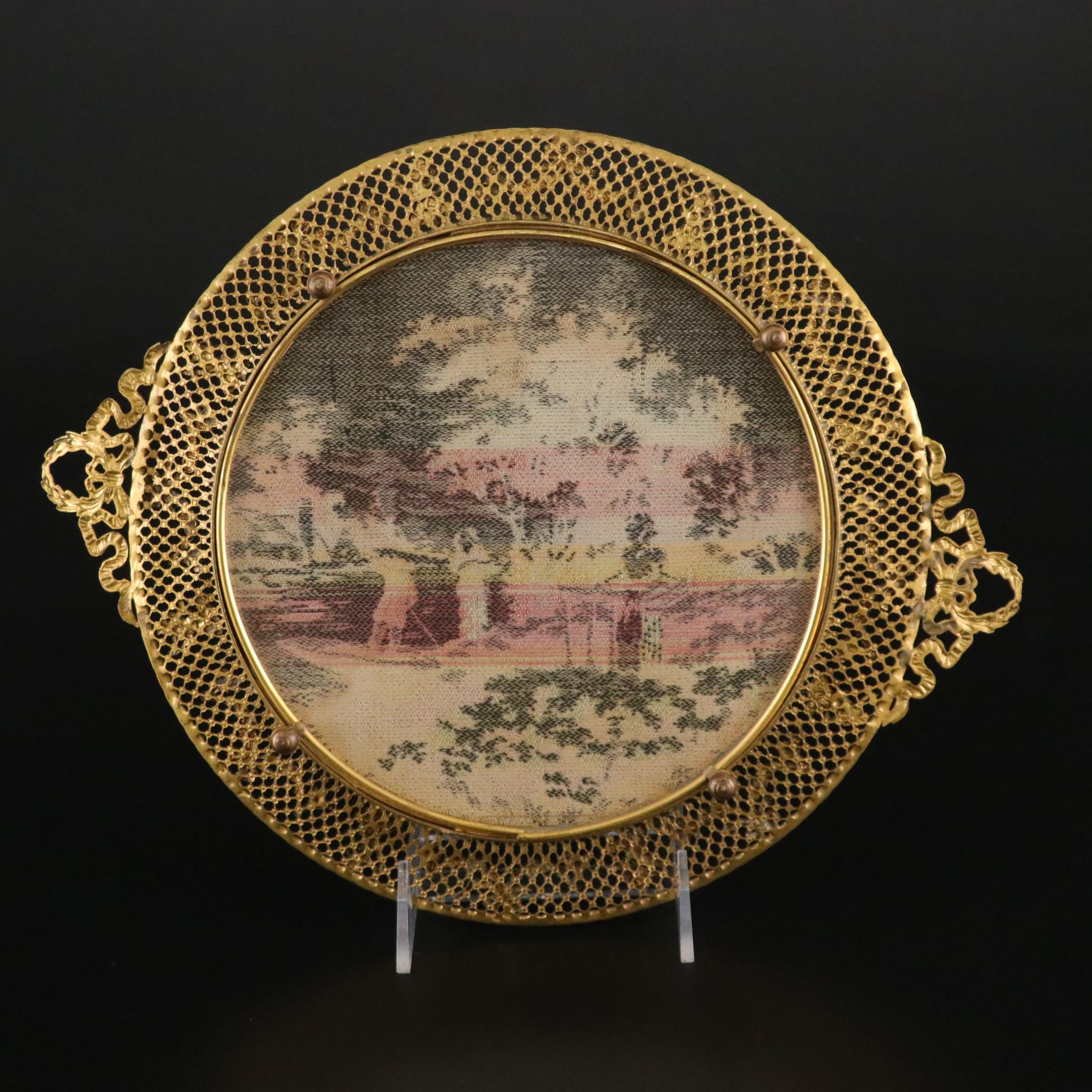 Victorian Style Jacquard Tapestry Vanity Tray with Brass Filigree Trim