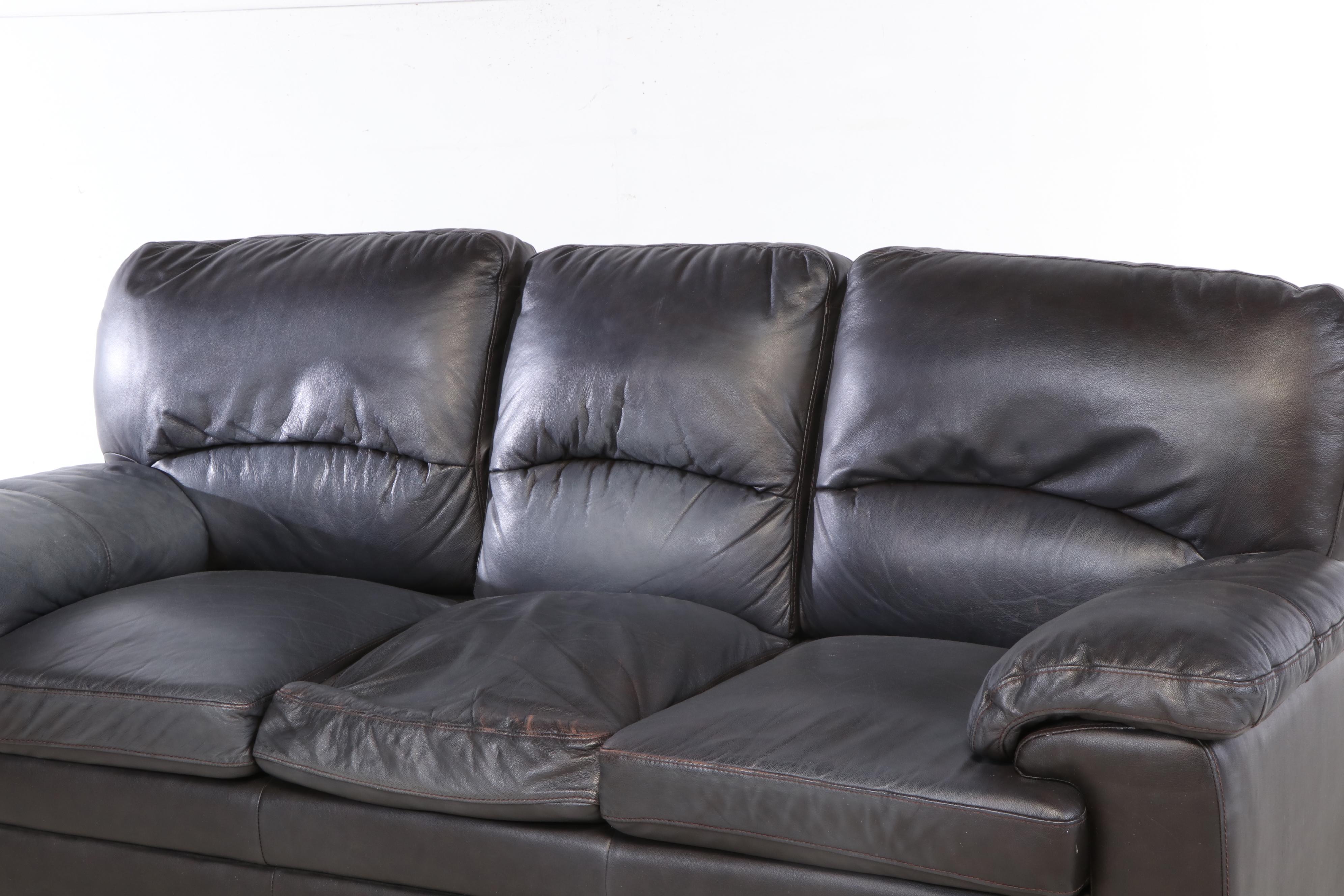 Overstuffed Faux Leather Sofa